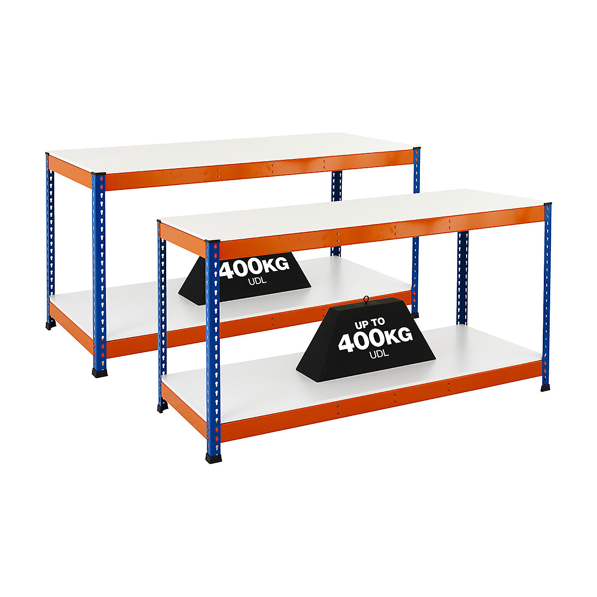 BiG400 2x Workbench Mega Deal, BiG400 2x Workbench Mega Deal, BiG400 2x Workbench Mega Deal | Melamine Worktop | 915h x 1220w x 455d mm | Full Depth Lower Shelf | 400kg UDL | Blue & Orange-1