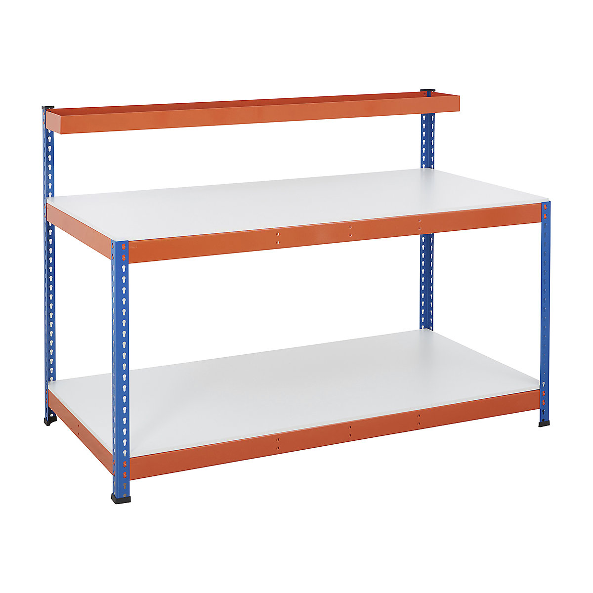 BiG400 3 Level Industrial Workstations, BiG400 3 Level Industrial Workstations, BiG400 Workstation | Melamine Worktop | 1295h x 1220w x 610d mm | 2 Full Depth Lower Shelves | Cantilever Shelf | 400kg UDL | Blue & Orange-2