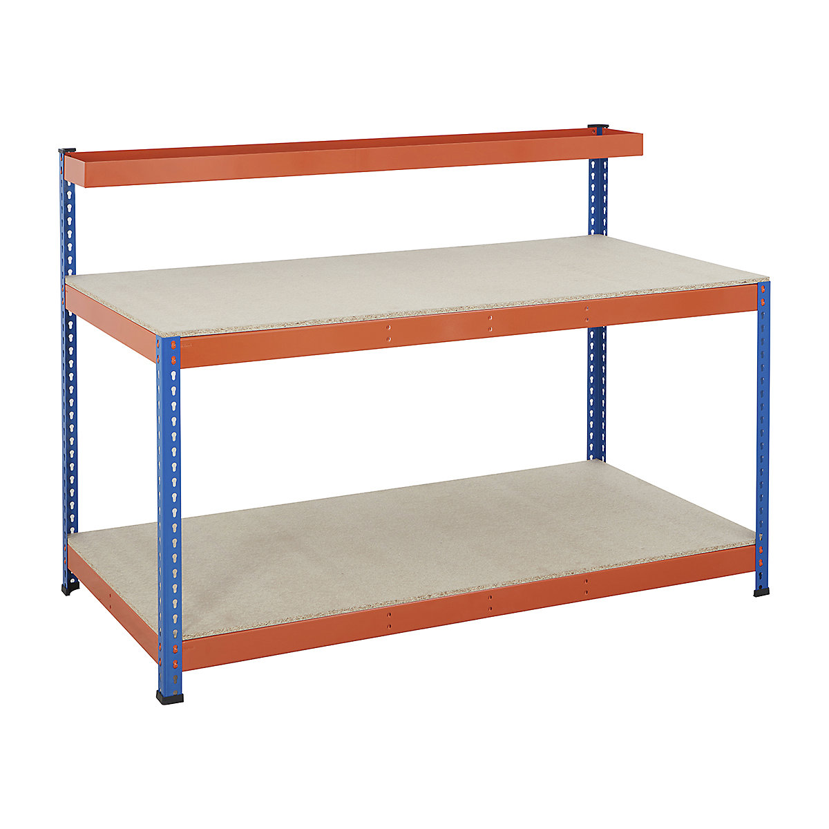 BiG400 3 Level Industrial Workstations, BiG400 3 Level Industrial Workstations, BiG400 Workstation | Chipboard Worktop | 1295h x 1830w x 610d mm | Full Depth Lower Shelf | Cantilever Shelf | 400kg UDL | Blue & Orange-4