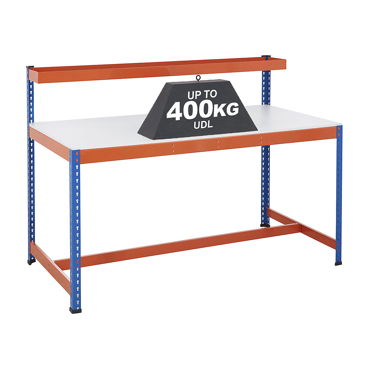 BiG400 3 Level Industrial Workstations, BiG400 3 Level Industrial Workstations, BiG400 Workstation | Melamine Worktop | 1295h x 1830w x 610d mm | T-Bar Base | Cantilever Shelf | 400kg UDL | Blue & Orange-6