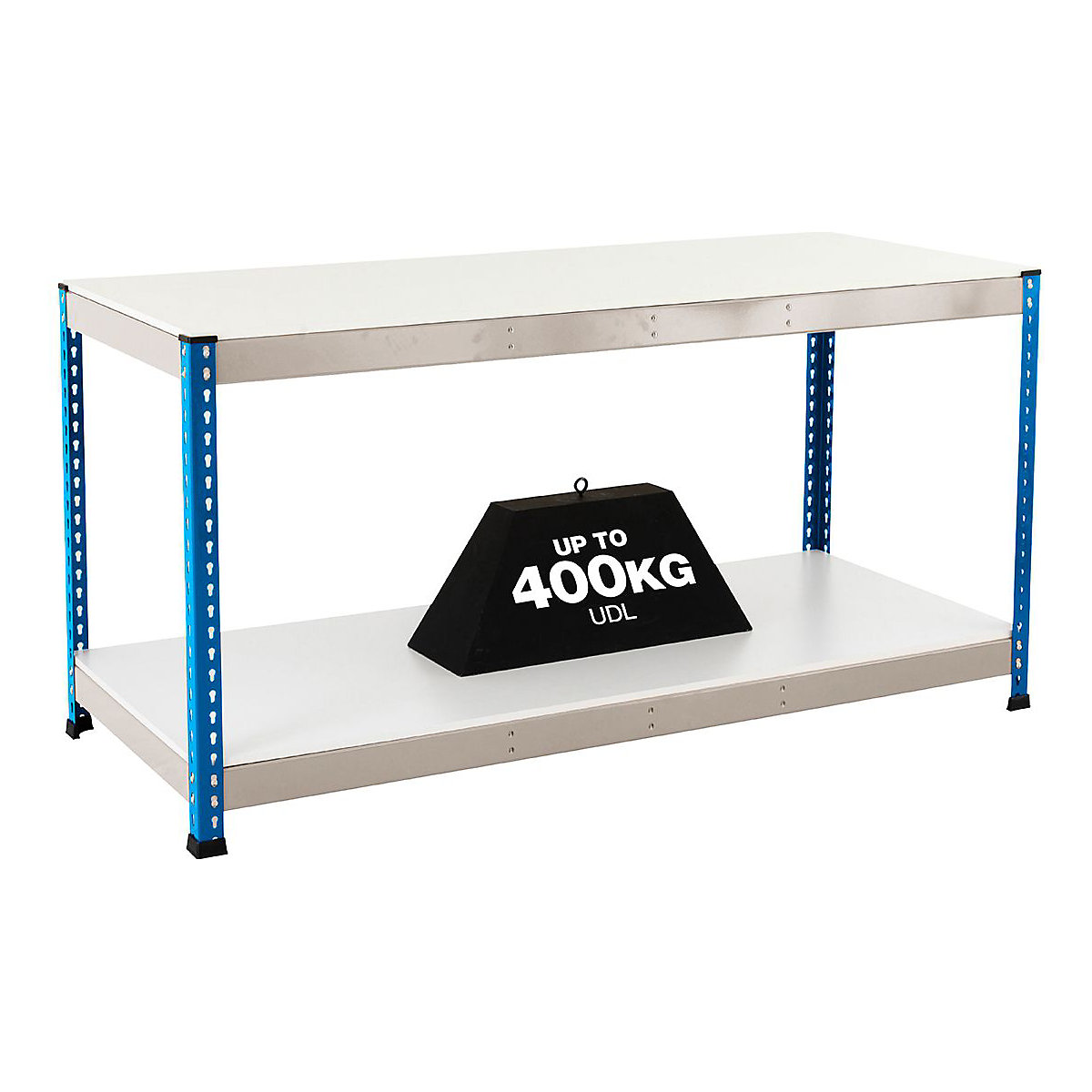 BiG400 Blue & Galvanised Workbenches, BiG400 Blue & Galvanised Workbenches, BiG400 Workbench | Melamine Worktop | 915h x 1220w x 455d mm | 2 Full Depth Lower Shelves | 400kg UDL | Blue & Galvanised-2