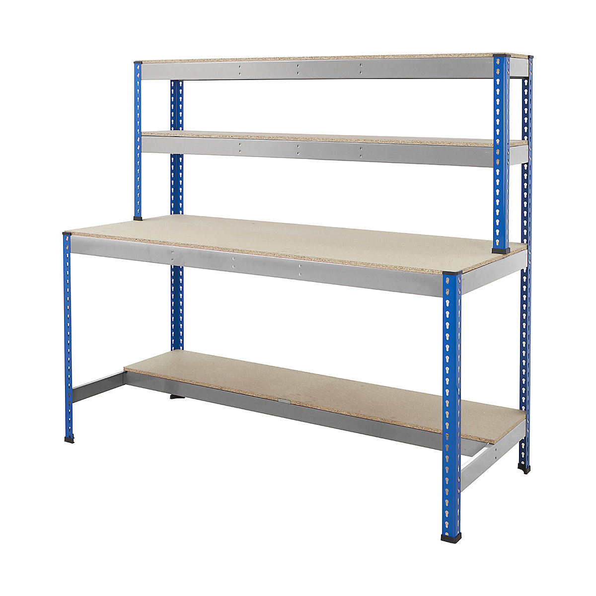 BiG400 Blue & Galvanised Workstations, BiG400 Blue & Galvanised Workstations, BiG400 Workstation | Chipboard Worktop | 1677h x 1220w x 610d mm| 2 Half Depth Lower Shelves | 2 Top Shelves | 400kg UDL | Blue & Galvanised-2