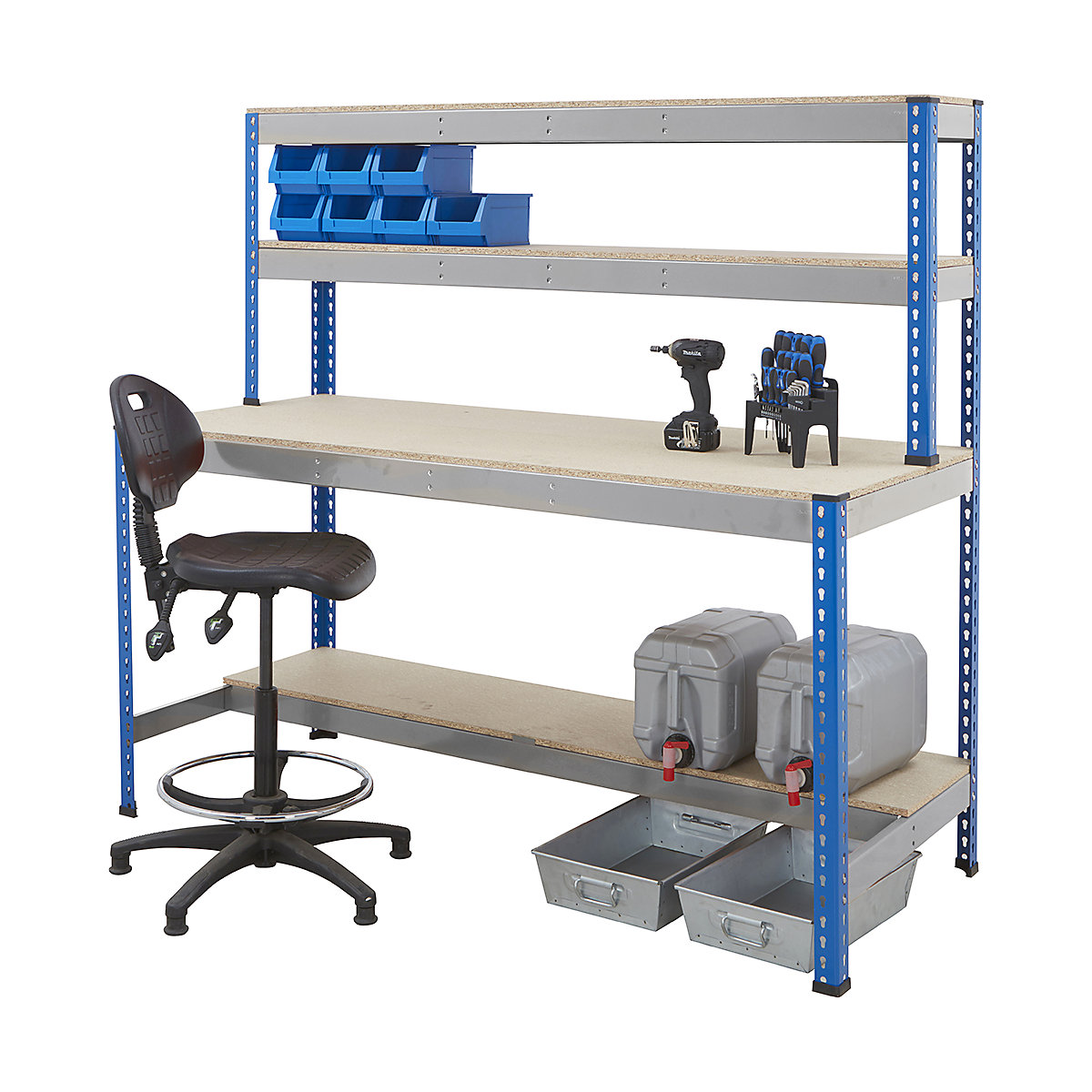 BiG400 Blue & Galvanised Workstations, BiG400 Blue & Galvanised Workstations, BiG400 Workstation | Chipboard Worktop | 1677h x 1220w x 610d mm| Half Depth Lower Shelf | 2 Top Shelves | 400kg UDL | Blue & Galvanised-3