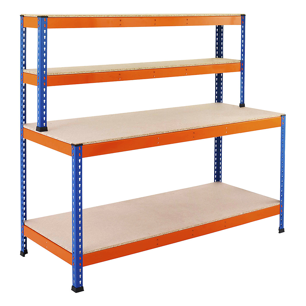 BiG400 Blue & Orange Workstations, BiG400 Blue & Orange Workstations, BiG400 Workstation | Chipboard Worktop | 1677h x 1220w x 610d mm | 2 Full Depth Lower Shelves | 2 Top Shelves | 400kg UDL | Blue & Orange-4