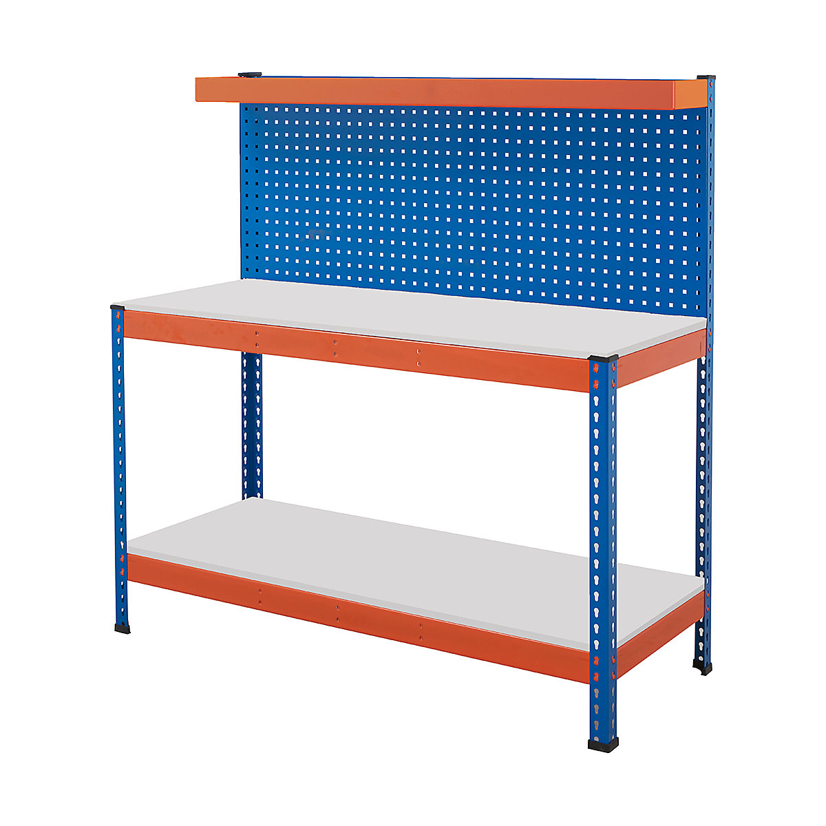BiG400 Perforated Panel Workstations, BiG400 Perforated Panel Workstations, BiG400 Workstation | Melamine Worktop | 1556h x 1220w x 610d mm | Full Depth Lower Shelf | Perforated Panel | Cantilever Shelf | 400kg UDL | Blue & Orange-14