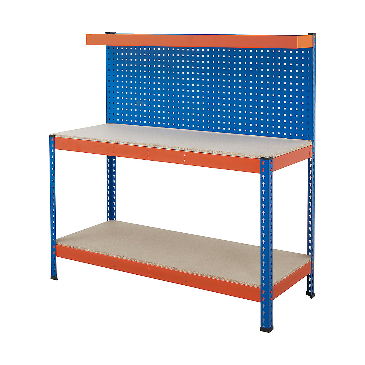 BiG400 Perforated Panel Workstations, BiG400 Perforated Panel Workstations, BiG400 Workstation | Chipboard Worktop | 1556h x 1220w x 610d mm | 2 Full Depth Lower Shelves | Perforated Panel | Cantilever Shelf | 400kg UDL | Blue & Orange-5