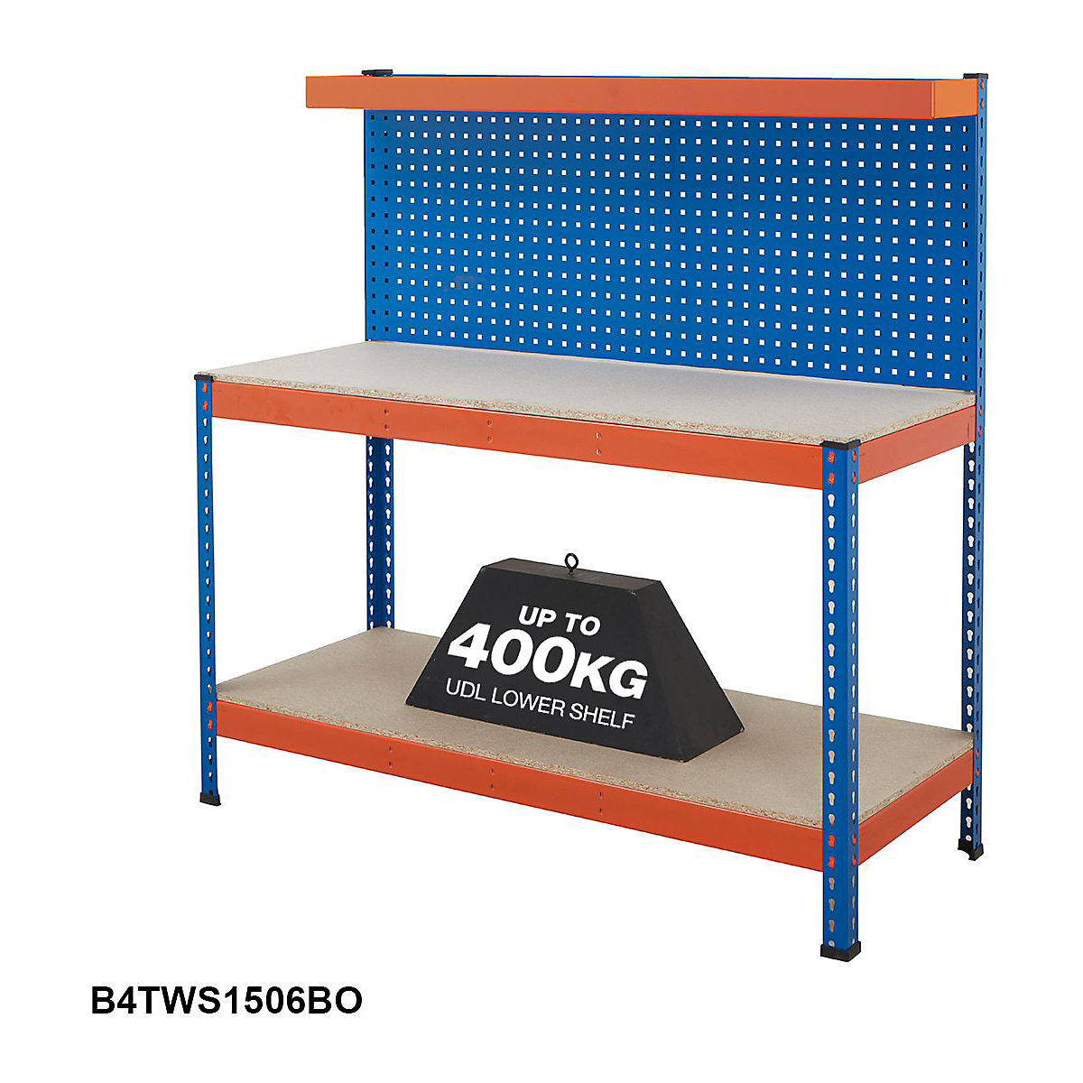 BiG400 Perforated Panel Workstations, BiG400 Perforated Panel Workstations, BiG400 Workstation | Chipboard Worktop | 1556h x 1220w x 760d mm | Full Depth Lower Shelf | Perforated Panel | Cantilever Shelf | 400kg UDL | Blue & Orange-7