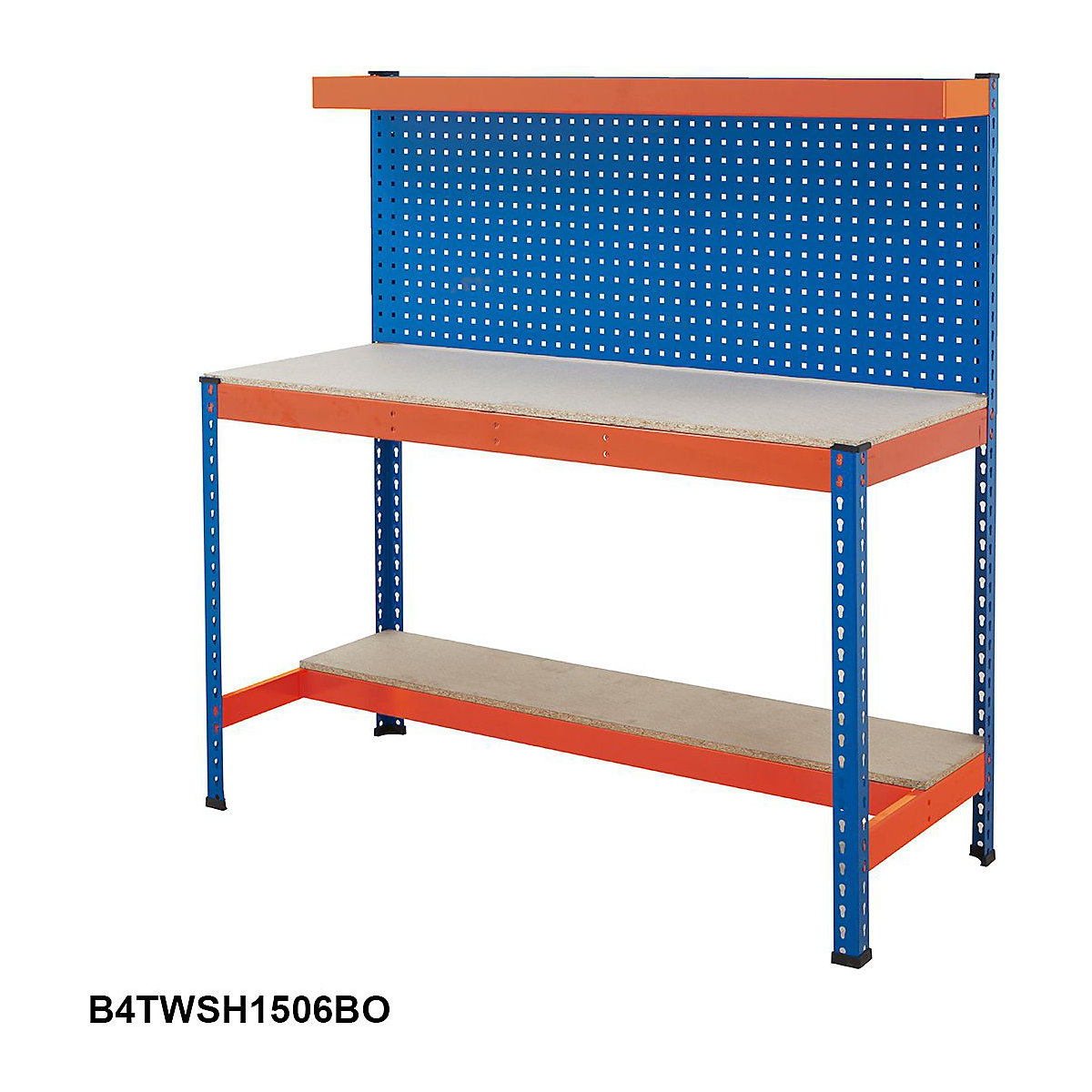 BiG400 Perforated Panel Workstations, BiG400 Perforated Panel Workstations, BiG400 Workstation | Chipboard Worktop | 1556h x 1220w x 610d mm | 2 Half Depth Lower Shelves | Perforated Panel | Cantilever Shelf | 400kg UDL | Blue & Orange-1