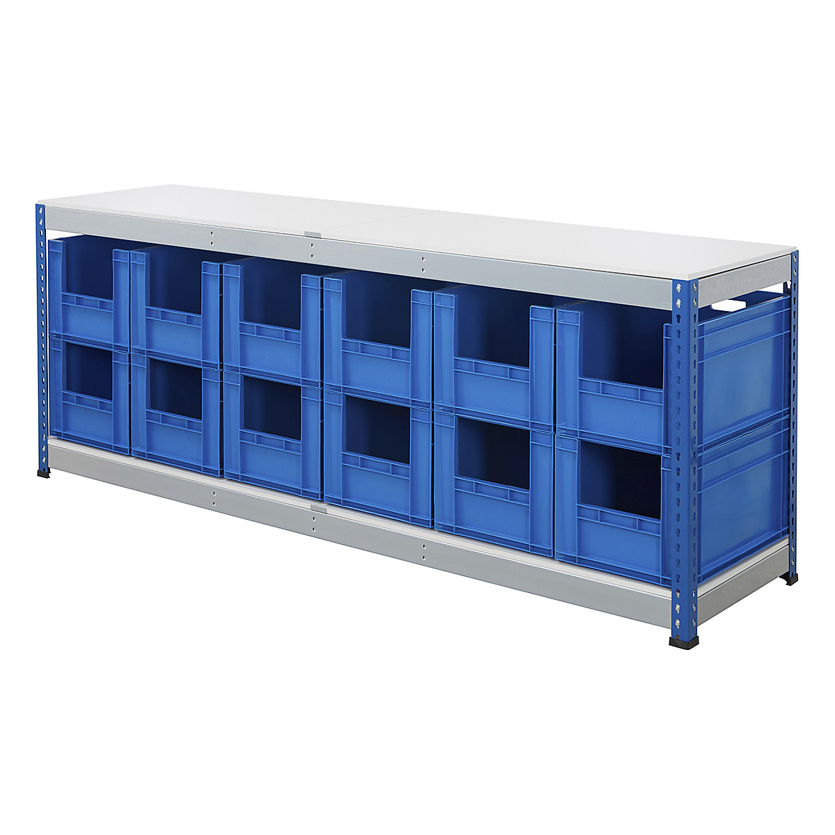 BiG400 Workbench With Euro Pick Bins | Blue & Galvanised, BiG400 Workbench With Euro Pick Bins | Blue & Galvanised, BiG400 Workbench | Melamine Worktop | 915h x 2440w x 610d mm | 400kg UDL | Blue & Galvanised | 12x Euro Pick Bins | 340h x 400w x 600d mm | Blue-7