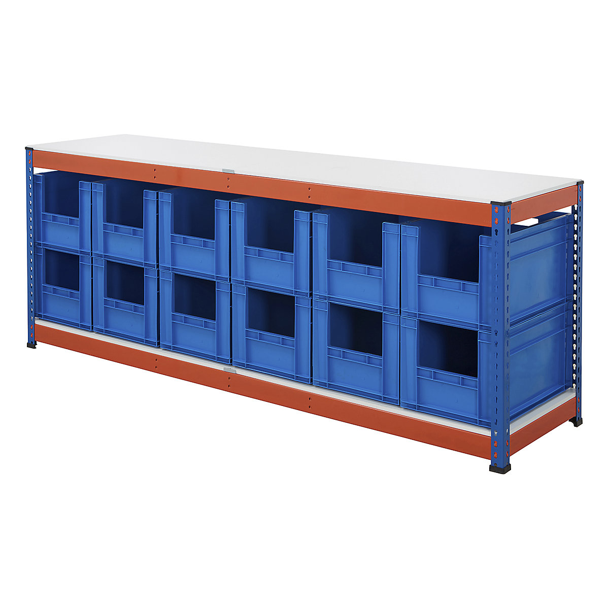 BiG400 Workbench With Euro Pick Bins | Blue & Orange, BiG400 Workbench With Euro Pick Bins | Blue & Orange, BiG400 Workbench | Melamine Worktop | 915h x 2440w x 610d mm | 400kg UDL | Blue & Orange | 12x Euro Pick Bins | 340h x 400w x 600d mm | Blue-5