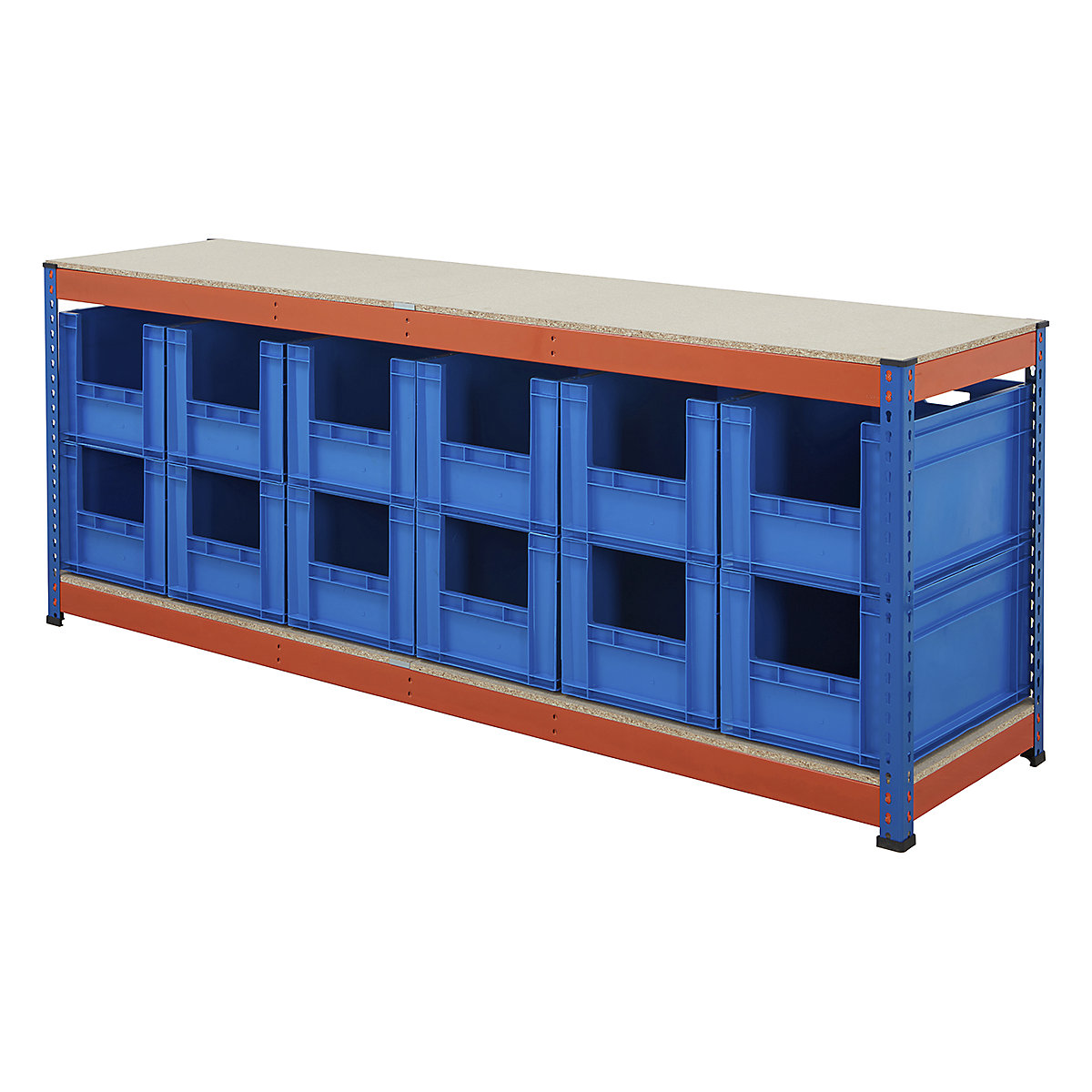 BiG400 Workbench With Euro Pick Bins | Blue & Orange, BiG400 Workbench With Euro Pick Bins | Blue & Orange, BiG400 Workbench | Chipboard Worktop | 915h x 2440w x 610d mm | 400kg UDL | Blue & Orange | 12x Euro Pick Bins | 340h x 400w x 600d mm | Blue-4