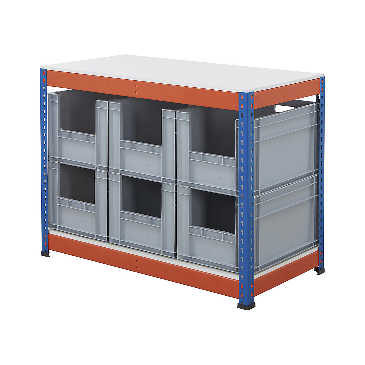 BiG400 Workbench With Euro Pick Bins | Blue & Orange, BiG400 Workbench With Euro Pick Bins | Blue & Orange, BiG400 Workbench | Melamine Worktop | 915h x 1220w x 610d mm | 400kg UDL | Blue & Orange | 6x Euro Pick Bins | 340h x 400w x 600d mm | Grey-8