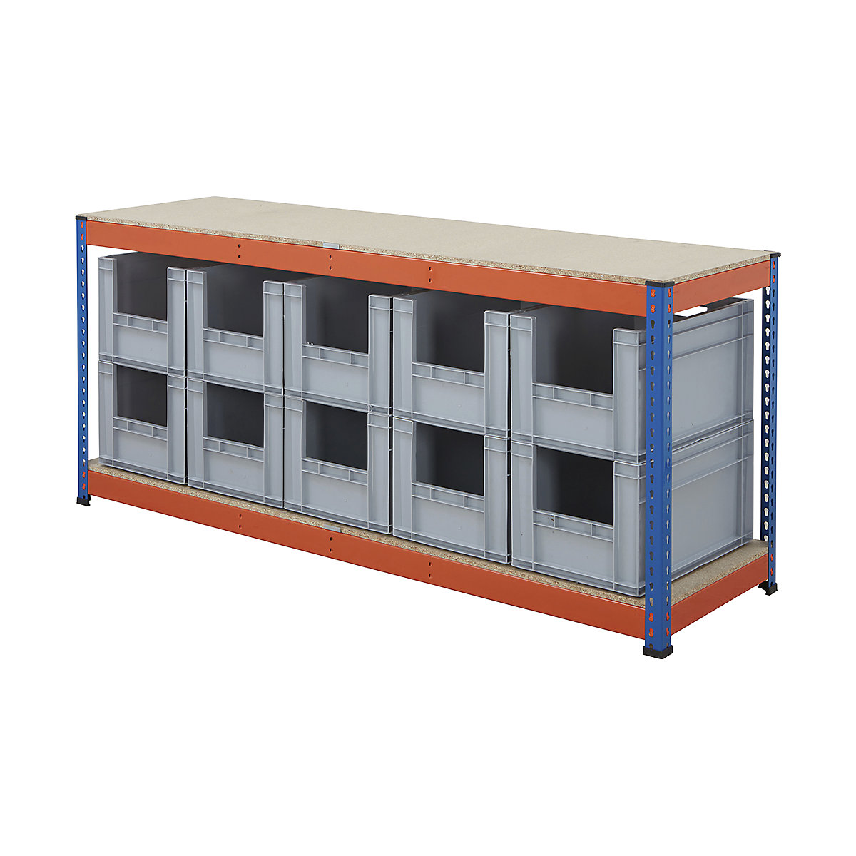 BiG400 Workbench With Euro Pick Bins | Blue & Orange, BiG400 Workbench With Euro Pick Bins | Blue & Orange, BiG400 Workbench | Chipboard Worktop | 915h x 2130w x 610d mm | 400kg UDL | Blue & Orange | 10x Euro Pick Bins | 340h x 400w x 600d mm | Grey-3