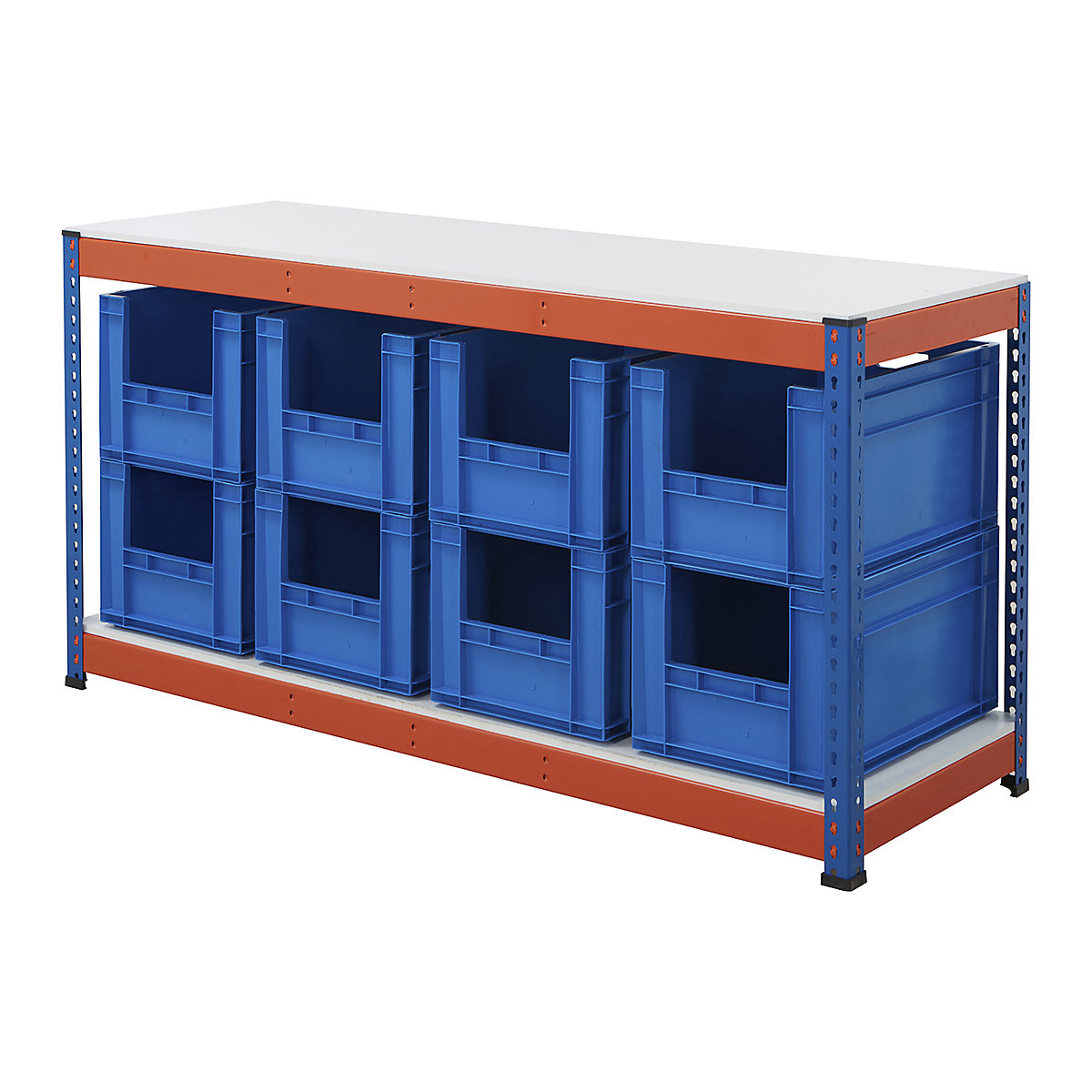 BiG400 Workbench With Euro Pick Bins | Blue & Orange, BiG400 Workbench With Euro Pick Bins | Blue & Orange, BiG400 Workbench | Melamine Worktop | 915h x 1830w x 610d mm | 400kg UDL | Blue & Orange | 8x Euro Pick Bins | 340h x 400w x 600d mm | Blue-7