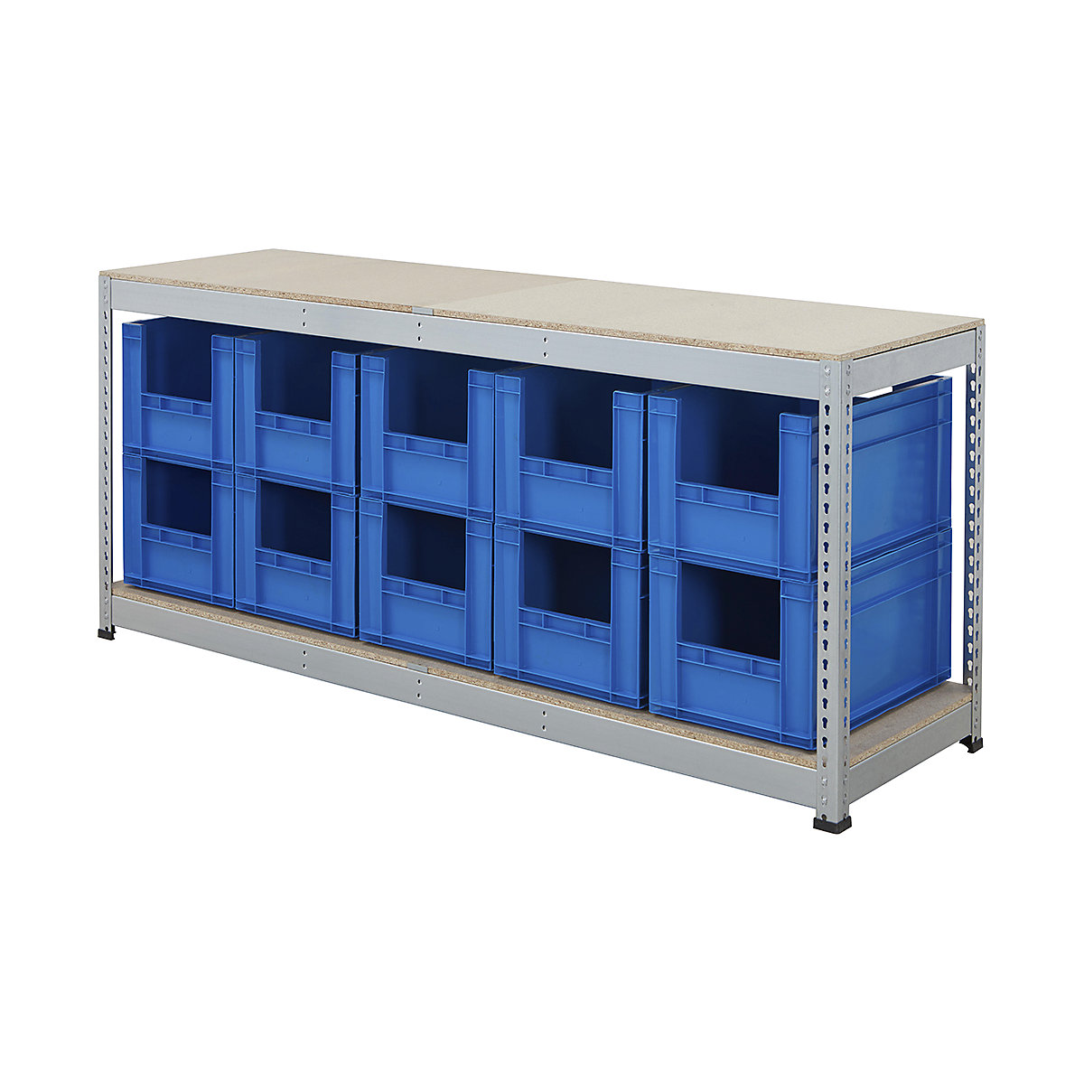 BiG400 Workbench With Euro Pick Bins |  Galvanised, BiG400 Workbench With Euro Pick Bins |  Galvanised, BiG400 Workbench | Chipboard Worktop | 915h x 2130w x 610d mm | 400kg UDL | Galvanised | 10x Euro Pick Bins | 340h x 400w x 600d mm | Blue-4