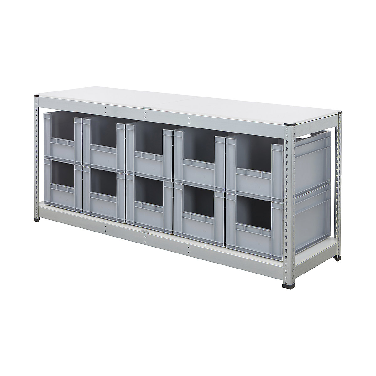 BiG400 Workbench With Euro Pick Bins |  Galvanised, BiG400 Workbench With Euro Pick Bins |  Galvanised, BiG400 Workbench | Melamine Worktop | 915h x 2130w x 610d mm | 400kg UDL | Galvanised | 10x Euro Pick Bins | 340h x 400w x 600d mm | Grey-2