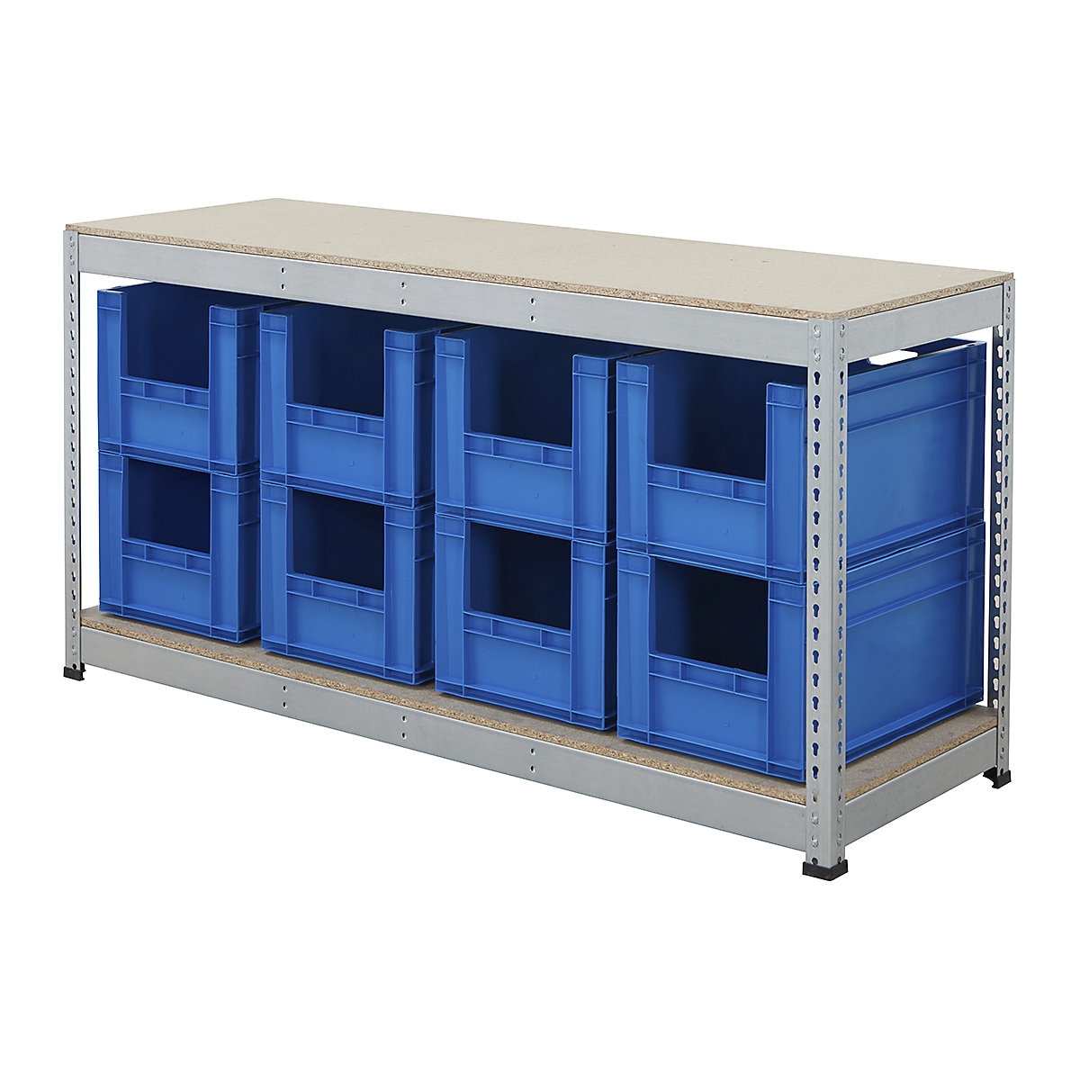 BiG400 Workbench With Euro Pick Bins |  Galvanised, BiG400 Workbench With Euro Pick Bins |  Galvanised, BiG400 Workbench | Chipboard Worktop | 915h x 1830w x 610d mm | 400kg UDL | Galvanised | 8x Euro Pick Bins | 340h x 400w x 600d mm | Blue-6