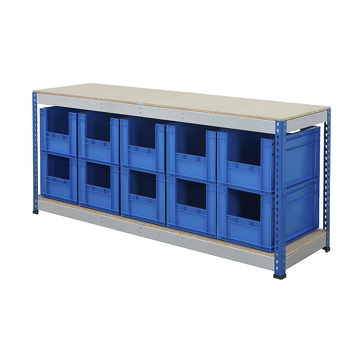 BiG400 Workbench With Euro Pick Bins, BiG400 Workbench With Euro Pick Bins, BiG400 Workbench | Chipboard Worktop | 915h x 2130w x 610d mm | 400kg UDL | Blue & Galvanised | 10x Euro Pick Bins | 340h x 400w x 600d mm | Blue-6