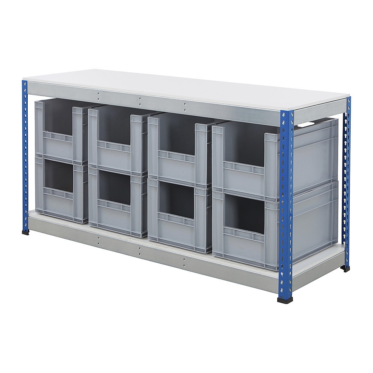 BiG400 Workbench With Euro Pick Bins, BiG400 Workbench With Euro Pick Bins, BiG400 Workbench | Melamine Worktop | 915h x 1830w x 610d mm | 400kg UDL | Blue & Galvanised | 8x Euro Pick Bins | 340h x 400w x 600d mm | Grey-3