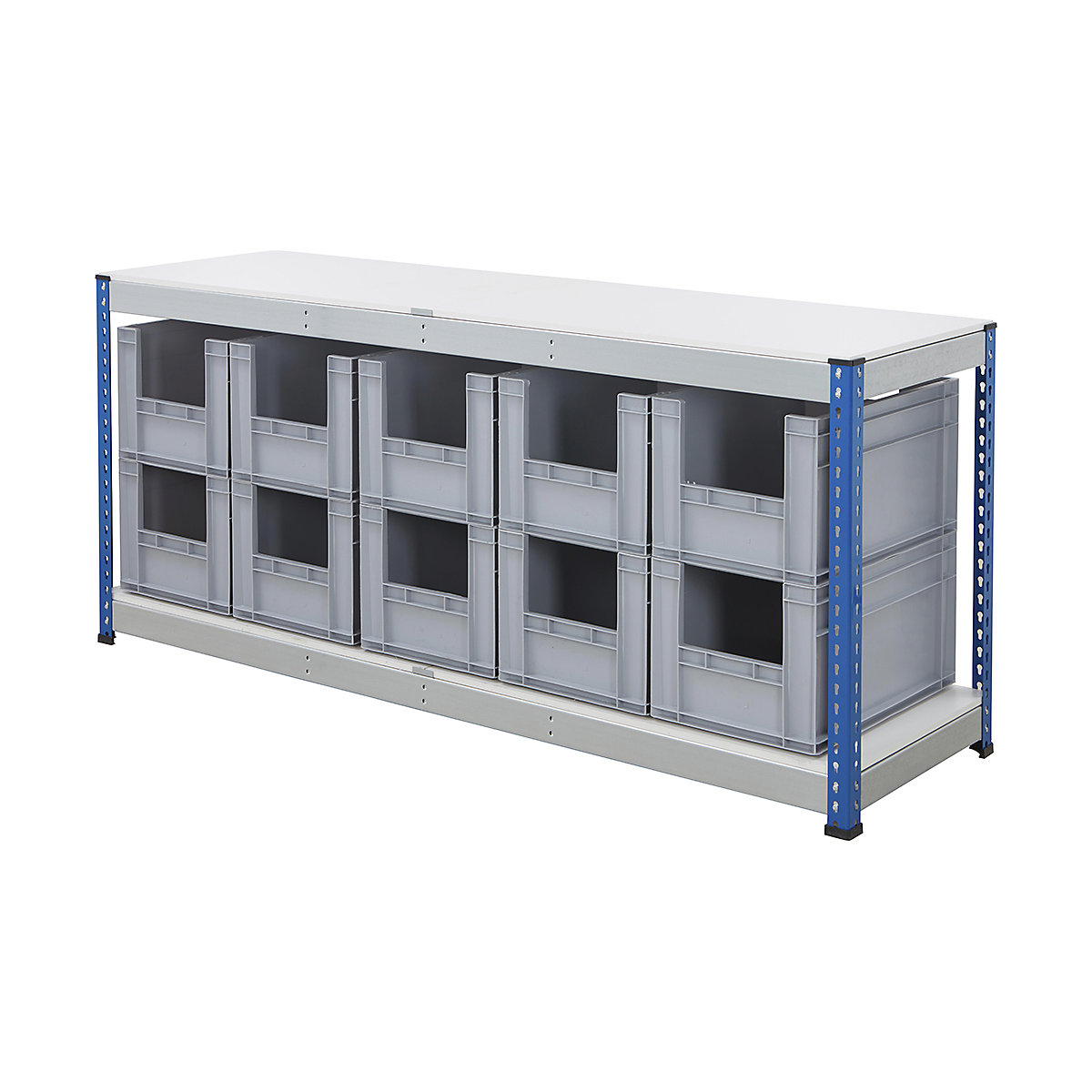 BiG400 Workbench With Euro Pick Bins, BiG400 Workbench With Euro Pick Bins, BiG400 Workbench | Melamine Worktop | 915h x 2130w x 610d mm | 400kg UDL | Blue & Galvanised | 10x Euro Pick Bins | 340h x 400w x 600d mm | Grey-7