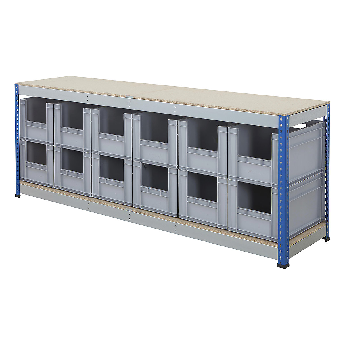 BiG400 Workbench With Euro Pick Bins, BiG400 Workbench With Euro Pick Bins, BiG400 Workbench | Chipboard Worktop | 915h x 2440w x 610d mm | 400kg UDL | Blue & Galvanised | 12x Euro Pick Bins | 340h x 400w x 600d mm | Grey-8