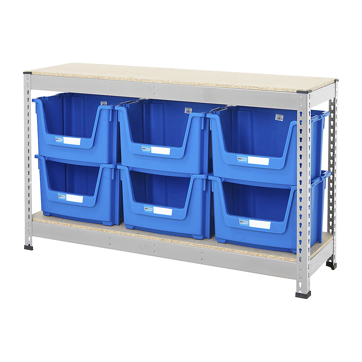 BiG400 Workbench With Pick Bins | Galvanised, BiG400 Workbench With Pick Bins | Galvanised, BiG400 Workbench | Chipboard Worktop | 915h x 1525w x 455d mm | 400kg UDL | Galvanised | 6x Pick Bins | 320h x 495w x 390d mm | Blue-4