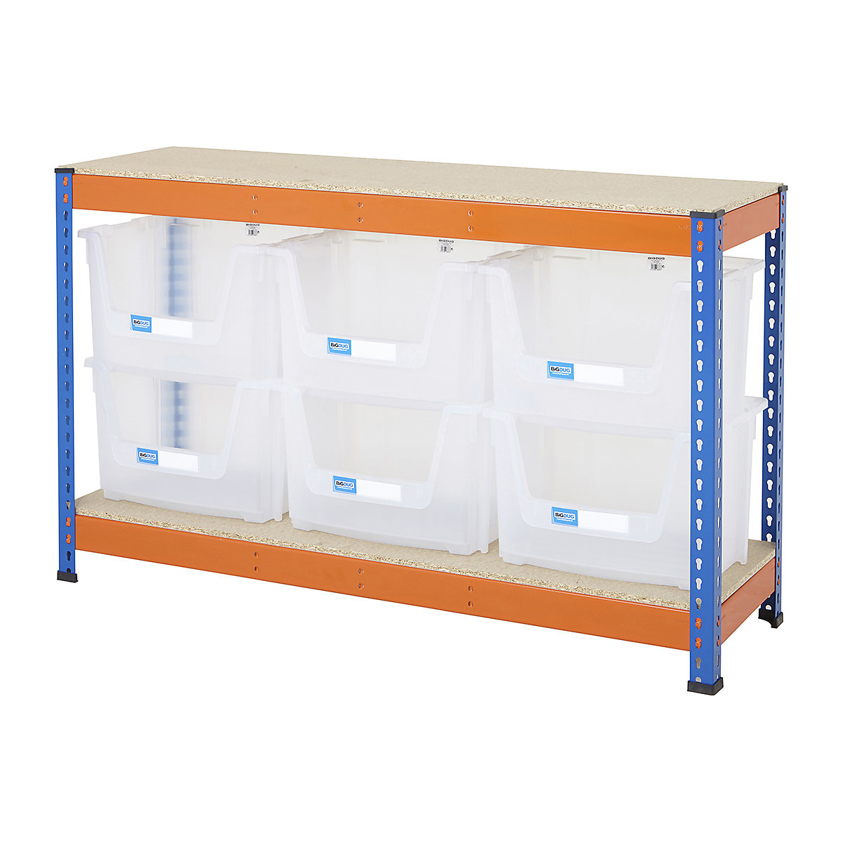 BiG400 Workbench With Pick Bins, BiG400 Workbench With Pick Bins, BiG400 Workbench | Chipboard Worktop | 915h x 1525w x 455d mm | 400kg UDL | Blue & Orange | 6x Pick Bins | 320h x 495w x 390d mm | Transparent-3