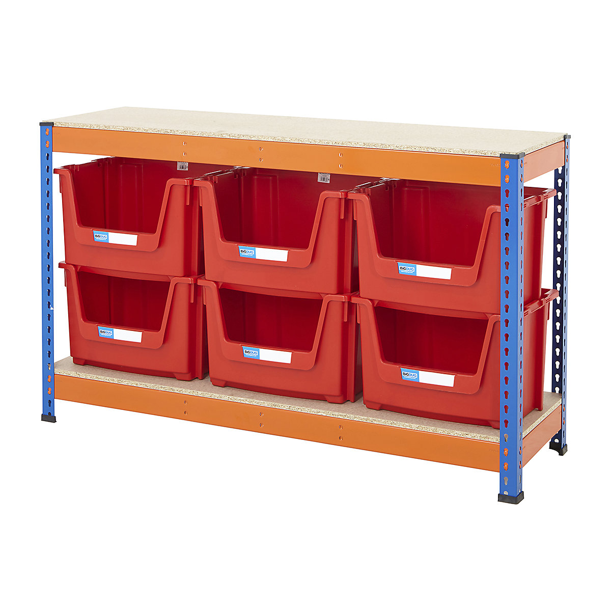 BiG400 Workbench With Pick Bins, BiG400 Workbench With Pick Bins, BiG400 Workbench | Chipboard Worktop | 915h x 1525w x 455d mm | 400kg UDL | Blue & Orange | 6x Pick Bins | 320h x 495w x 390d mm | Red-4