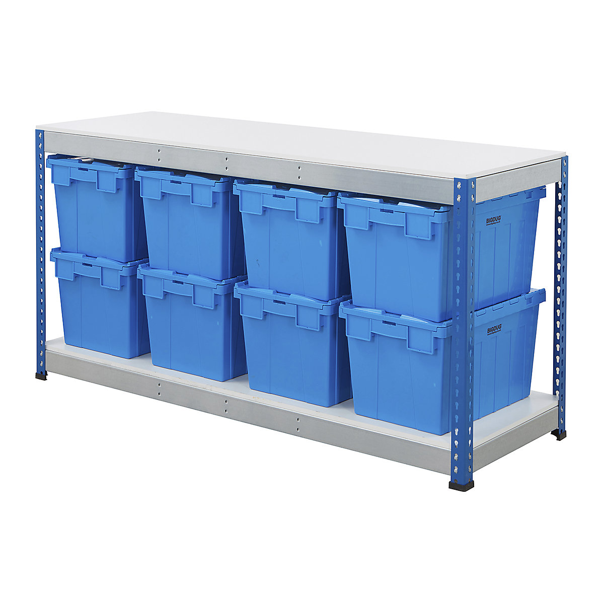 BiG400 Workbench with BiGDUG Euro Tote Boxes | Blue & Galvanised, BiG400 Workbench with BiGDUG Euro Tote Boxes | Blue & Galvanised, BiG400 Workbench | Melamine Worktop | 915h x 1830w x 610d mm | 400kg UDL | Blue & Galvanised | 8x Tote Boxes | 320h x 400w x 600d mm | Blue Tote-6