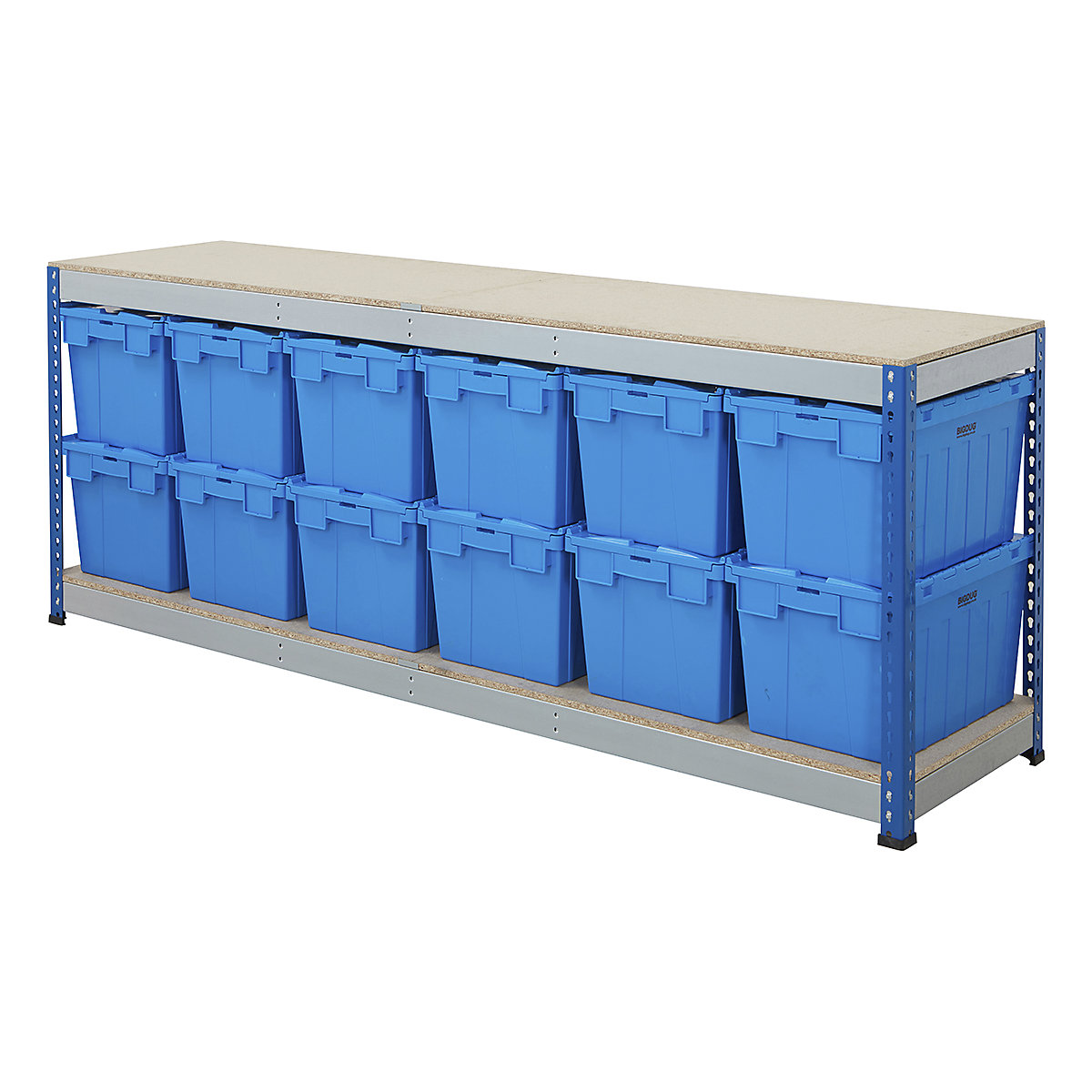 BiG400 Workbench with BiGDUG Euro Tote Boxes | Blue & Galvanised, BiG400 Workbench with BiGDUG Euro Tote Boxes | Blue & Galvanised, BiG400 Workbench | Chipboard Worktop | 915h x 2440w x 610d mm | 400kg UDL | Blue & Galvanised | 12x Tote Boxes | 320h x 400w x 600d mm | Blue Tote-3