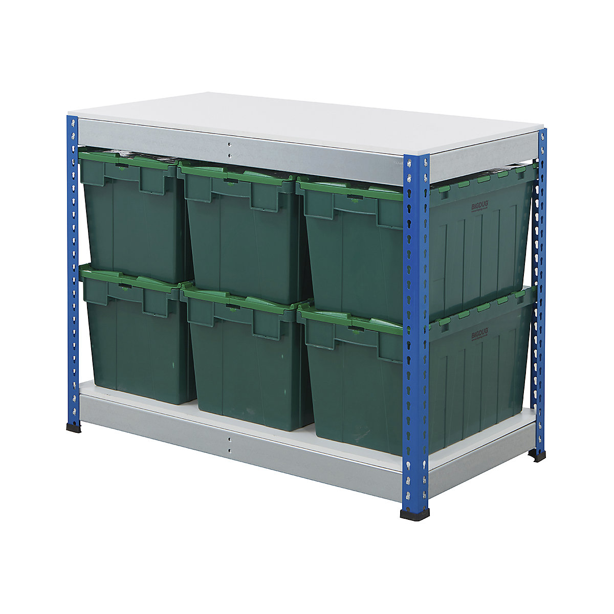 BiG400 Workbench with BiGDUG Euro Tote Boxes | Blue & Galvanised, BiG400 Workbench with BiGDUG Euro Tote Boxes | Blue & Galvanised, BiG400 Workbench | Melamine Worktop | 915h x 1220w x 610d mm | 400kg UDL | Blue & Galvanised | 6x Tote Boxes | 320h x 400w x 600d mm | Green Tote-7