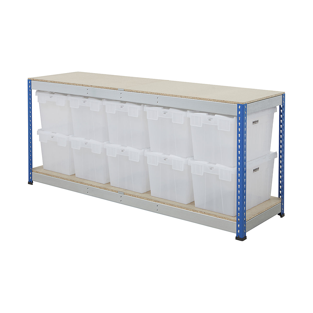 BiG400 Workbench with BiGDUG Euro Tote Boxes | Blue & Galvanised, BiG400 Workbench with BiGDUG Euro Tote Boxes | Blue & Galvanised, BiG400 Workbench | Chipboard Worktop | 915h x 2130w x 610d mm | 400kg UDL | Blue & Galvanised | 10x Tote Boxes | 320h x 400w x 600d mm | Transparent Tote-2
