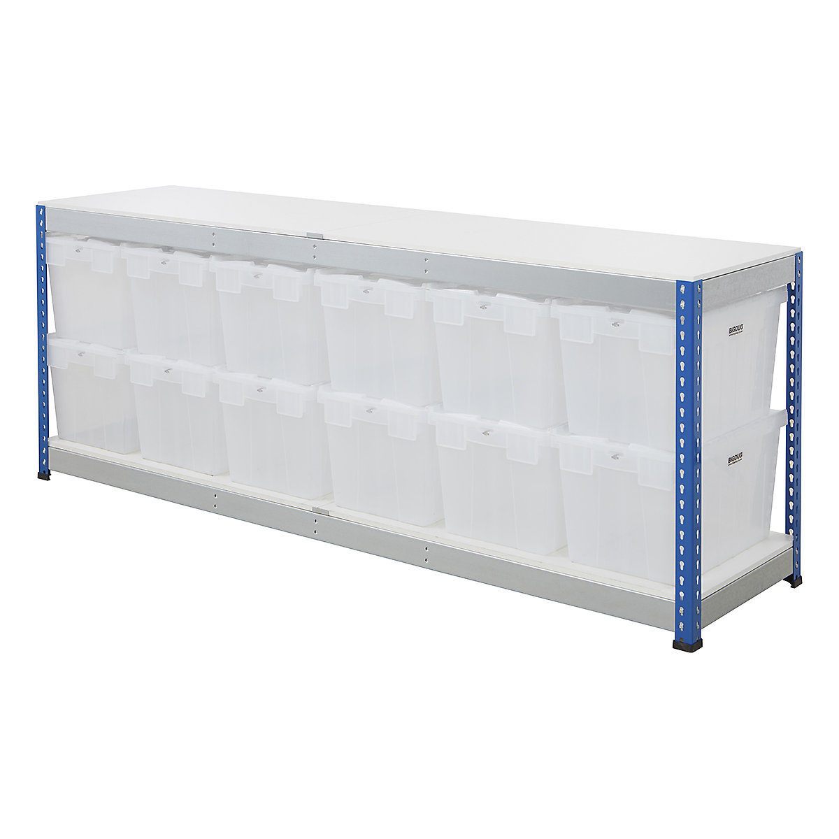 BiG400 Workbench with BiGDUG Euro Tote Boxes | Blue & Galvanised, BiG400 Workbench with BiGDUG Euro Tote Boxes | Blue & Galvanised, BiG400 Workbench | Melamine Worktop | 915h x 2440w x 610d mm | 400kg UDL | Blue & Galvanised | 12x Tote Boxes | 320h x 400w x 600d mm | Transparent Tote-4