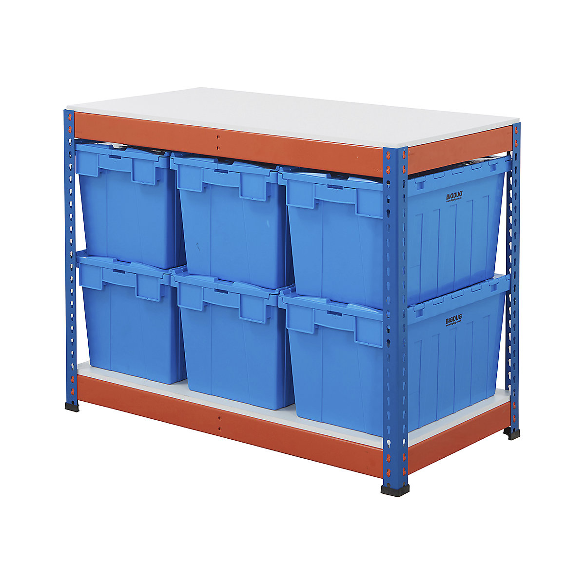 BiG400 Workbench with BiGDUG Euro Tote Boxes | Blue & Orange, BiG400 Workbench with BiGDUG Euro Tote Boxes | Blue & Orange, BiG400 Workbench | Melamine Worktop | 915h x 1220w x 610d mm | 400kg UDL | Blue & Orange | 6x Tote Boxes | 320h x 400w x 600d mm | Blue Tote-6