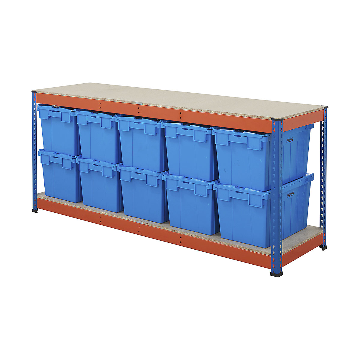 BiG400 Workbench with BiGDUG Euro Tote Boxes | Blue & Orange, BiG400 Workbench with BiGDUG Euro Tote Boxes | Blue & Orange, BiG400 Workbench | Chipboard Worktop | 915h x 2130w x 610d mm | 400kg UDL | Blue & Orange | 10x Tote Boxes | 320h x 400w x 600d mm | Blue Tote-7