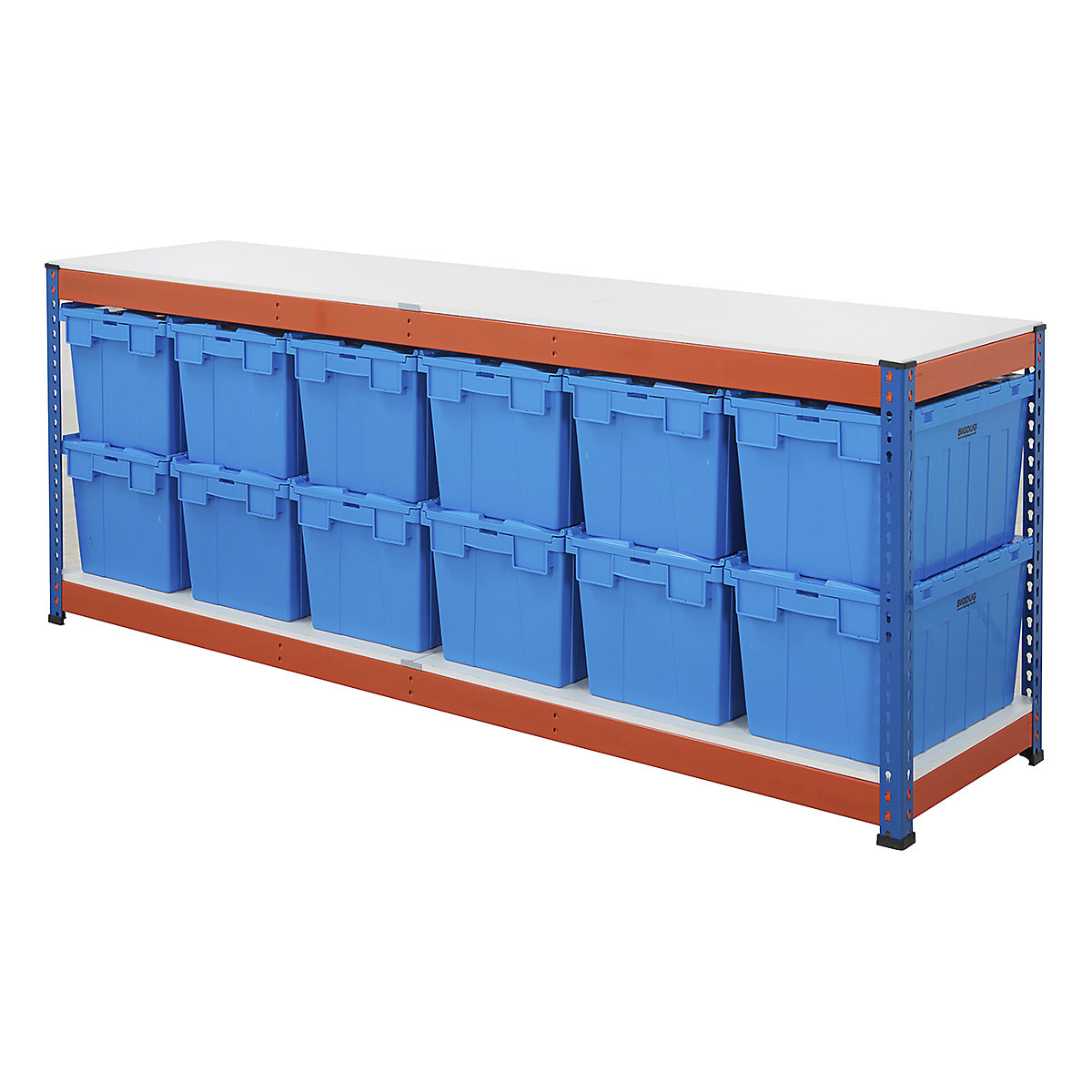 BiG400 Workbench with BiGDUG Euro Tote Boxes | Blue & Orange, BiG400 Workbench with BiGDUG Euro Tote Boxes | Blue & Orange, BiG400 Workbench | Melamine Worktop | 915h x 2440w x 610d mm | 400kg UDL | Blue & Orange | 12x Tote Boxes | 320h x 400w x 600d mm | Blue Tote-2
