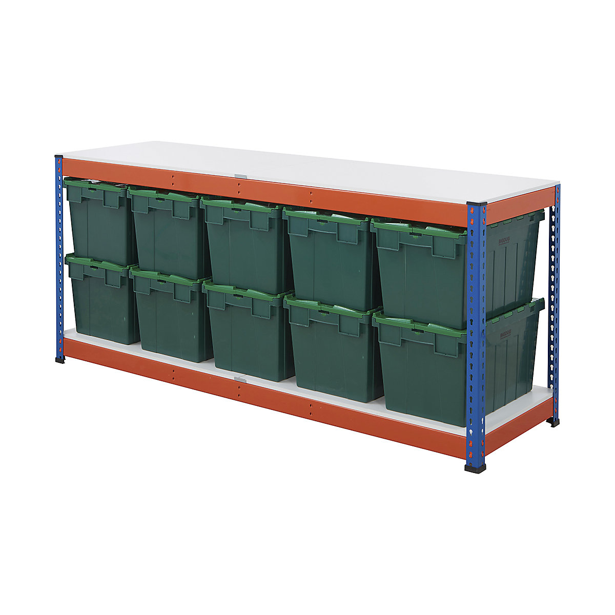 BiG400 Workbench with BiGDUG Euro Tote Boxes | Blue & Orange, BiG400 Workbench with BiGDUG Euro Tote Boxes | Blue & Orange, BiG400 Workbench | Melamine Worktop | 915h x 2130w x 610d mm | 400kg UDL | Blue & Orange | 10x Tote Boxes | 320h x 400w x 600d mm | Green Tote-3