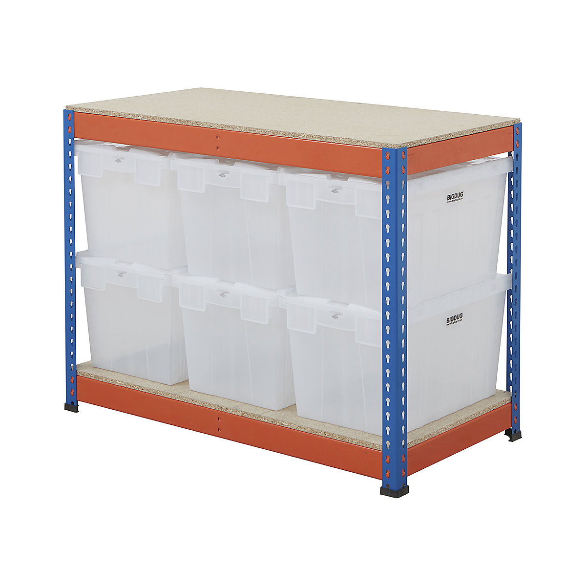 BiG400 Workbench with BiGDUG Euro Tote Boxes | Blue & Orange, BiG400 Workbench with BiGDUG Euro Tote Boxes | Blue & Orange, BiG400 Workbench | Chipboard Worktop | 915h x 1220w x 610d mm | 400kg UDL | Blue & Orange | 6x Tote Boxes | 320h x 400w x 600d mm | Transparent Tote-8