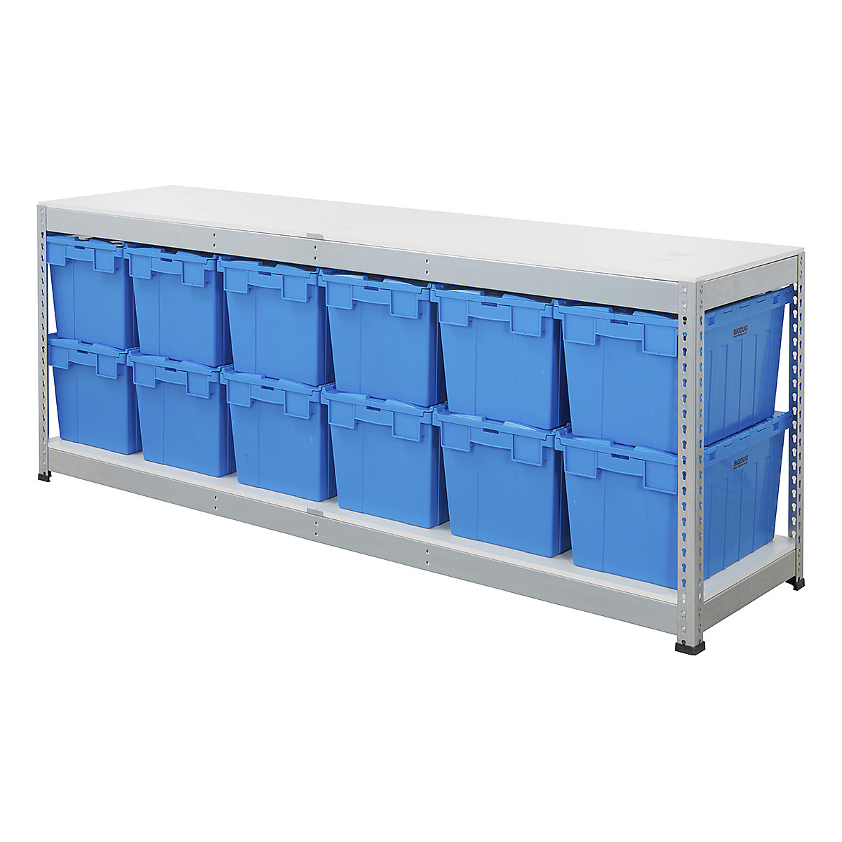 BiG400 Workbench with BiGDUG Euro Tote Boxes | Galvanised, BiG400 Workbench with BiGDUG Euro Tote Boxes | Galvanised, BiG400 Workbench | Melamine Worktop | 915h x 2440w x 610d mm | 400kg UDL | Galvanised | 12x Tote Boxes | 320h x 400w x 600d mm | Blue Tote-8