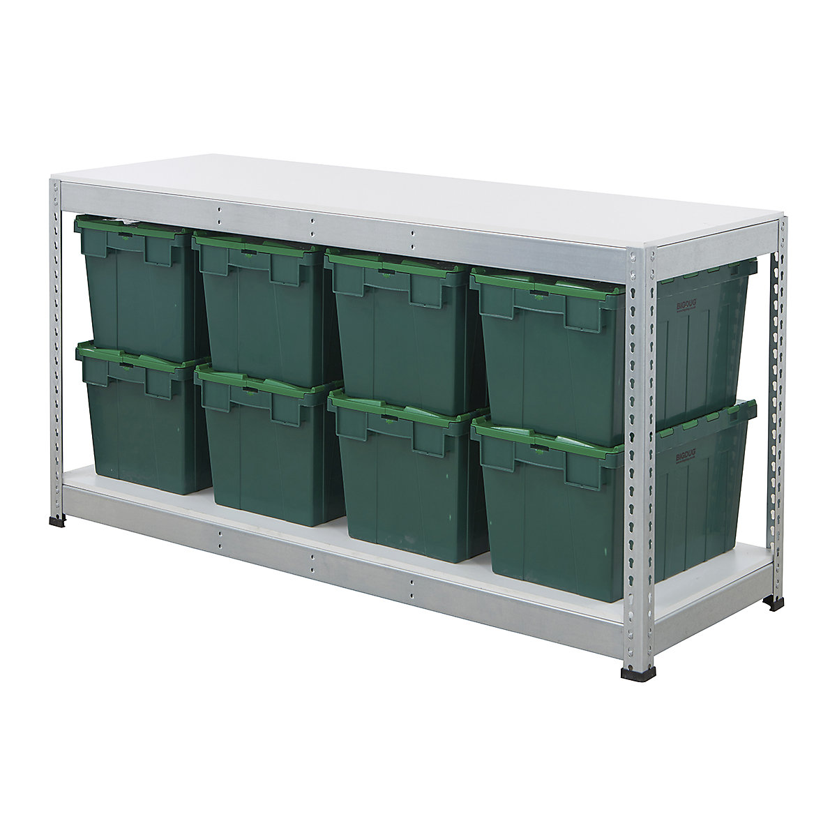 BiG400 Workbench with BiGDUG Euro Tote Boxes | Galvanised, BiG400 Workbench with BiGDUG Euro Tote Boxes | Galvanised, BiG400 Workbench | Melamine Worktop | 915h x 1830w x 610d mm | 400kg UDL | Galvanised | 8x Tote Boxes | 320h x 400w x 600d mm | Green Tote-5