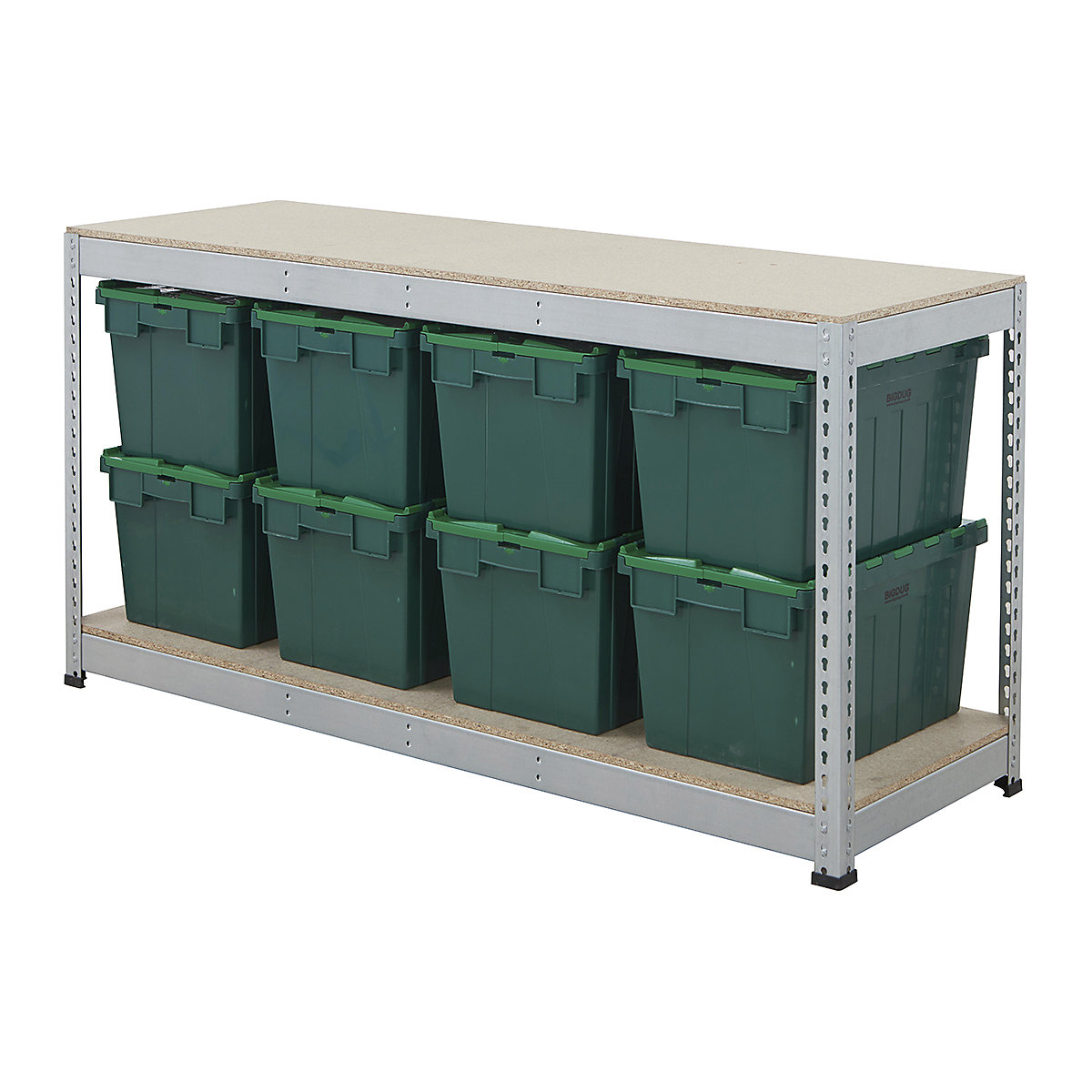BiG400 Workbench with BiGDUG Euro Tote Boxes | Galvanised, BiG400 Workbench with BiGDUG Euro Tote Boxes | Galvanised, BiG400 Workbench | Chipboard Worktop | 915h x 1830w x 610d mm | 400kg UDL | Galvanised | 8x Tote Boxes | 320h x 400w x 600d mm | Green Tote-3