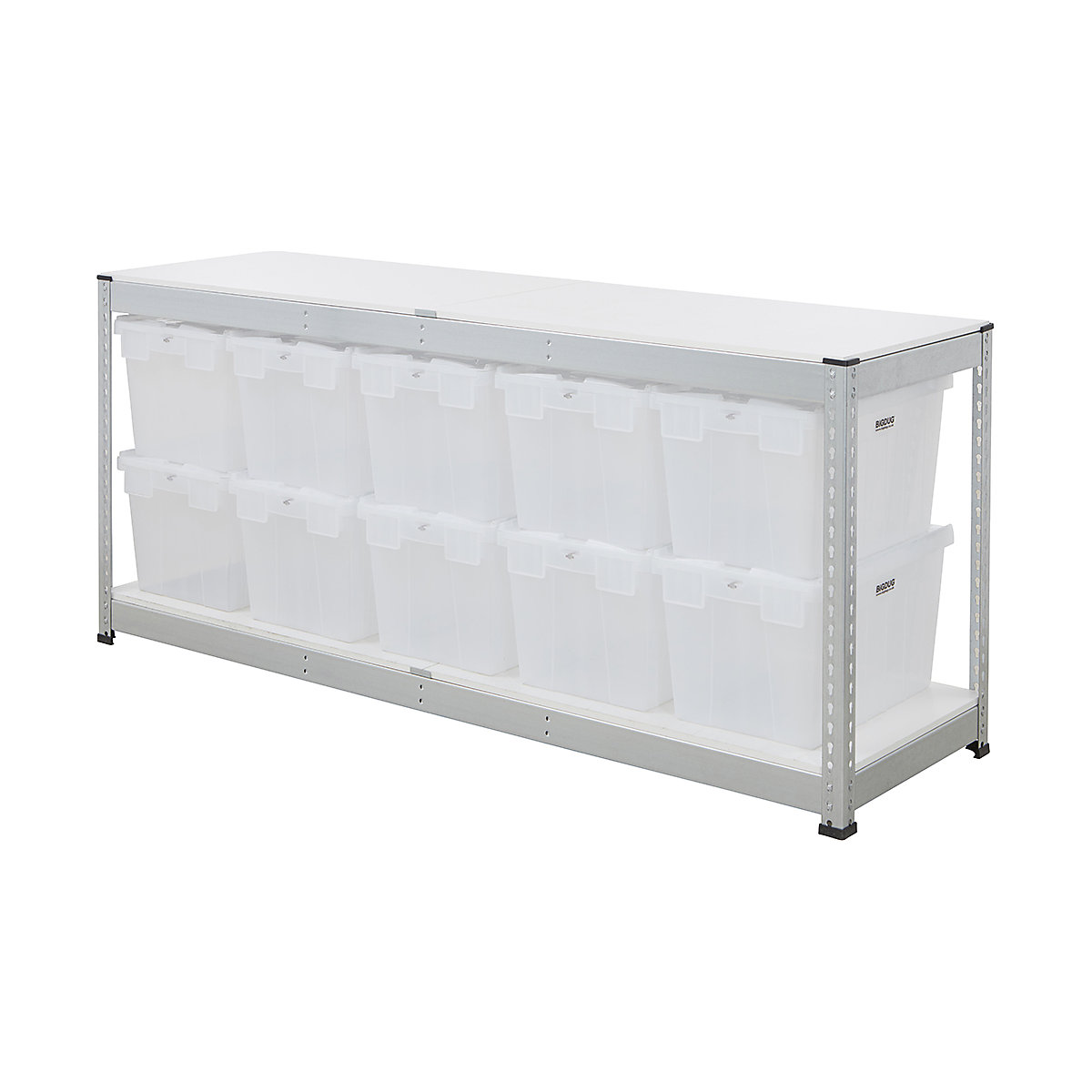 BiG400 Workbench with BiGDUG Euro Tote Boxes | Galvanised, BiG400 Workbench with BiGDUG Euro Tote Boxes | Galvanised, BiG400 Workbench | Melamine Worktop | 915h x 2130w x 610d mm | 400kg UDL | Galvanised | 10x Tote Boxes | 320h x 400w x 600d mm | Transparent Tote-7