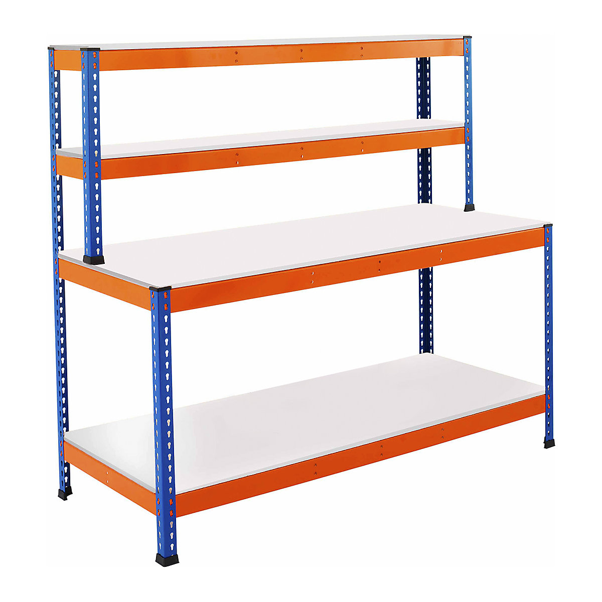 BiG400 Workstations, BiG400 Workstations, BiG400 Workstation | Melamine Worktop | 1677h x 1220w x 610d mm | Full Depth Lower Shelf | 2 Top Shelves | 400kg UDL | Blue & Orange-6