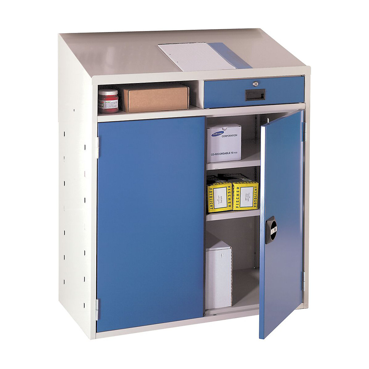Mercian Industrial Team Leader Workstations With Sloping Top, Mercian Industrial Team Leader Workstations With Sloping Top, Mercian Industrial Team Leader Workstation | 1100h x 920w x 450d mm | Sloping top | Single Drawer | Grey-1