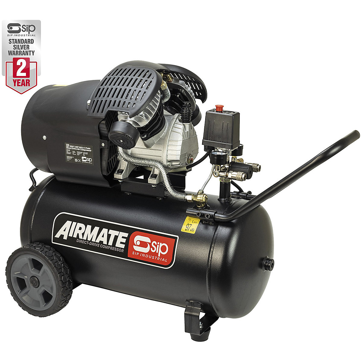 SIP DDVT 3hp V-Twin Direct Drive Compressor | 50 Litre (Product illustration 2)-1