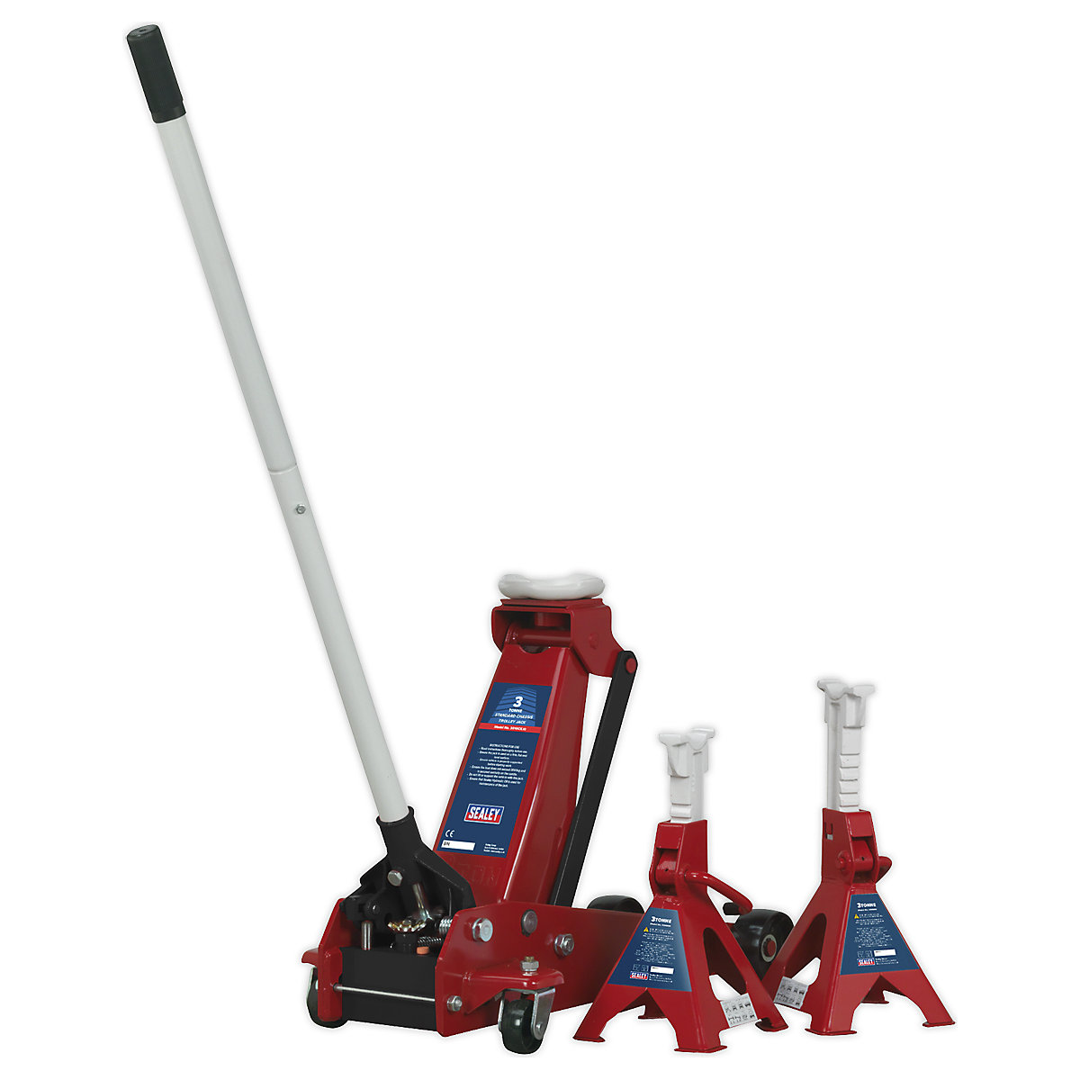 Sealey Standard Chassis Trolley Jack | 3 Tonne | Pair of Axel Stands | Red