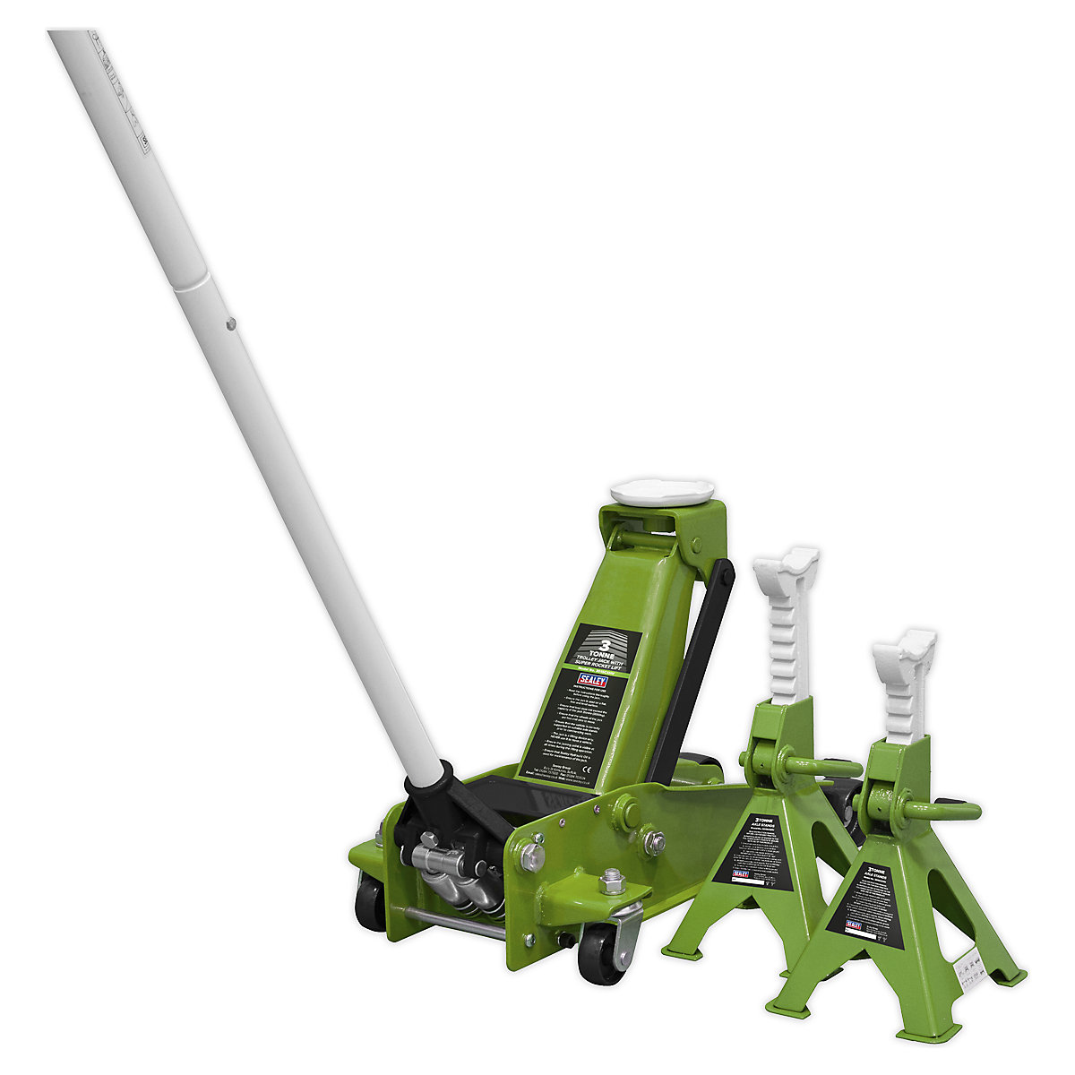 Sealey Standard Chassis Trolley Jack | 3 Tonne | Super Rocket Lift & Pair of Axel Stands | High-Vis Green