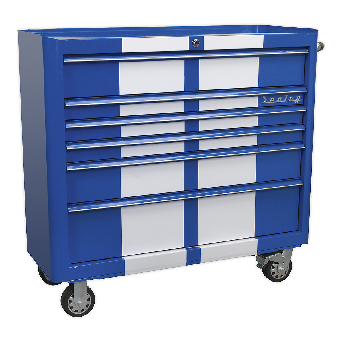 Sealey Wide Retro Style Rollcab | 6 Drawer, Sealey Wide Retro Style Rollcab | 6 Drawer, Sealey Wide Retro Style Rollcab | 6 Drawer | Blue with White Stripes-2