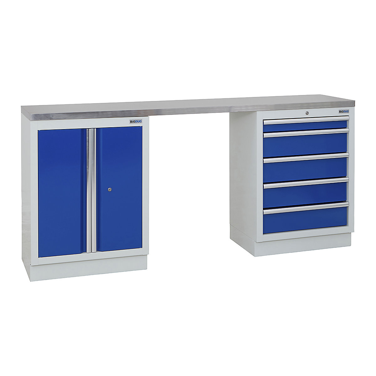 BiGDUG | 2041mm Wide Workbench | 2 Cabinet, BiGDUG | 2041mm Wide Workbench | 2 Cabinet, BiGDUG | 2041mm Wide Workbench | 2 Door Cupboard | 5 Drawer Cabinet | Grey Housing | Blue Doors | Stainless Worktop-1