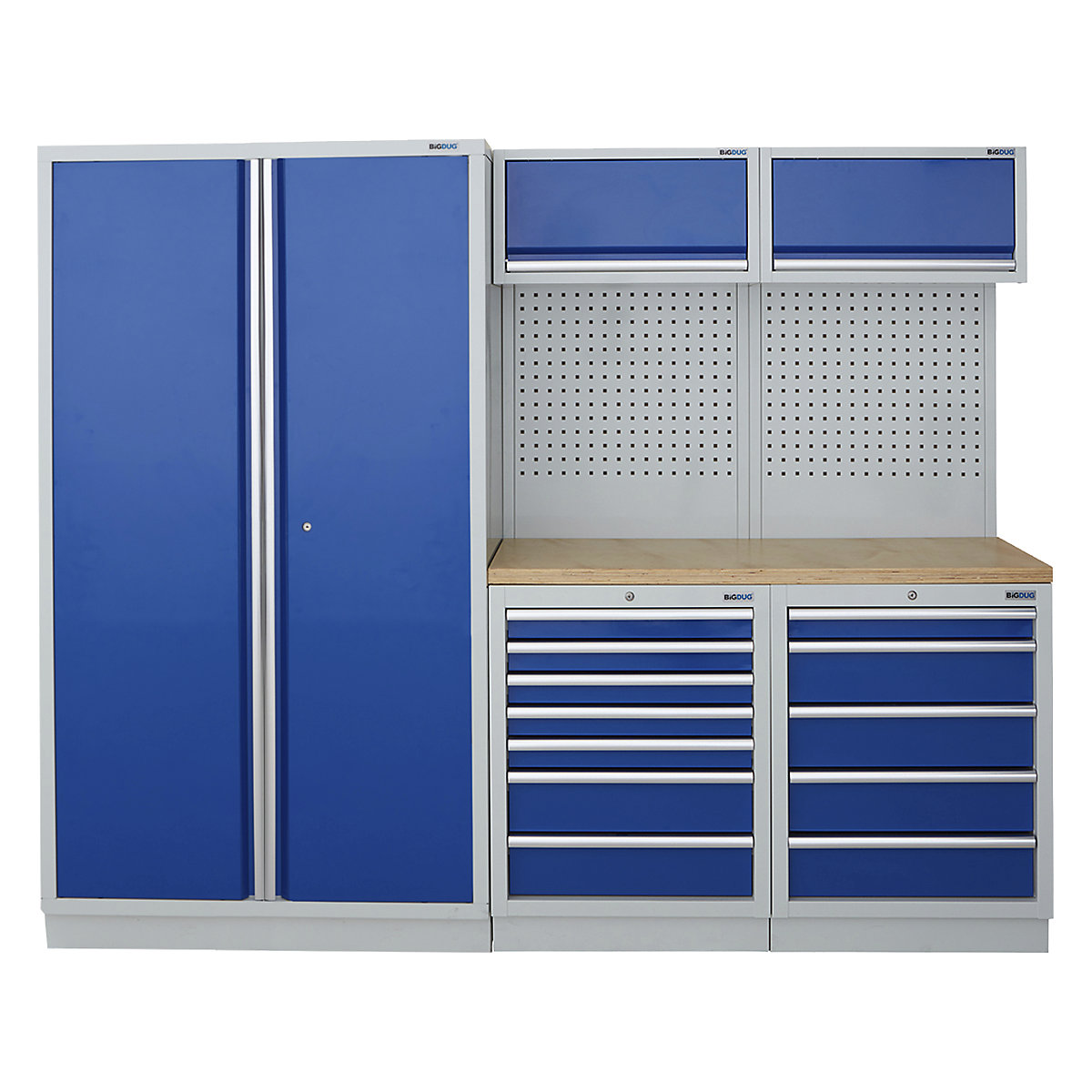 BiGDUG | 2275mm Wide Modular Storage System | 1 Cupboard | 4 Cabinet, BiGDUG | 2275mm Wide Modular Storage System | 1 Cupboard | 4 Cabinet, BiGDUG | 2275mm Wide Storage System | 2m High 2 Door Cupboard | 7 Drawer Cabinet | 5 Drawer Cabinet | 2x Back Panel | 2x Wall Cupboard | Grey Housing | Blue Doors | Multiplex Worktop-1